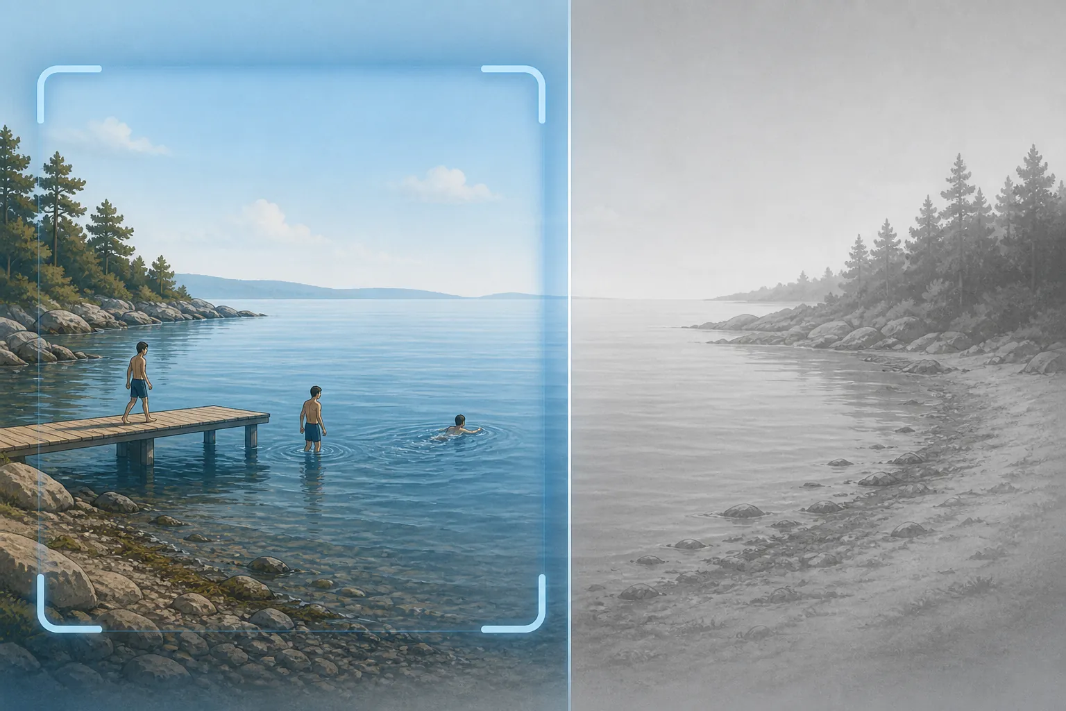 Split illustration showing visible shoreline activity inside a camera frame and an empty area outside the frame