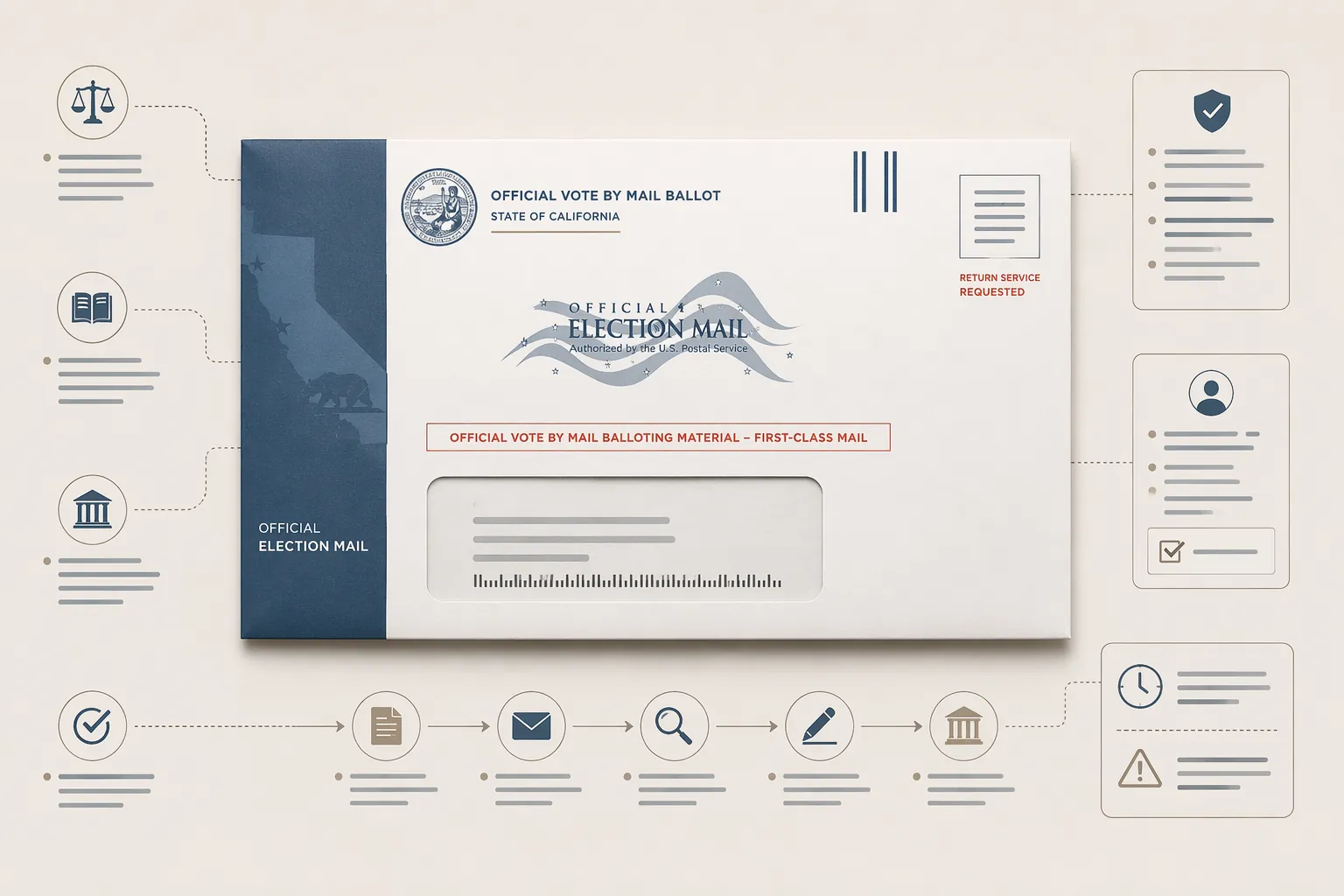 California mail ballot envelope with procedural annotation markers and legal-reference indicators