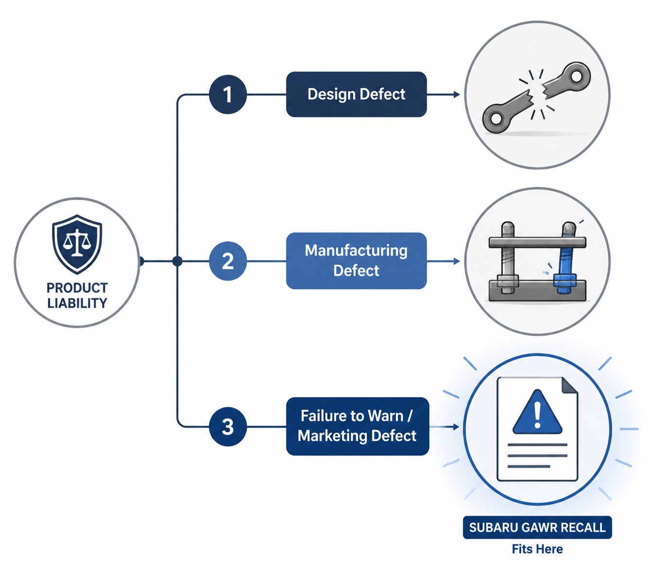 Diagram of design defect, manufacturing defect, and failure-to-warn product liability categories