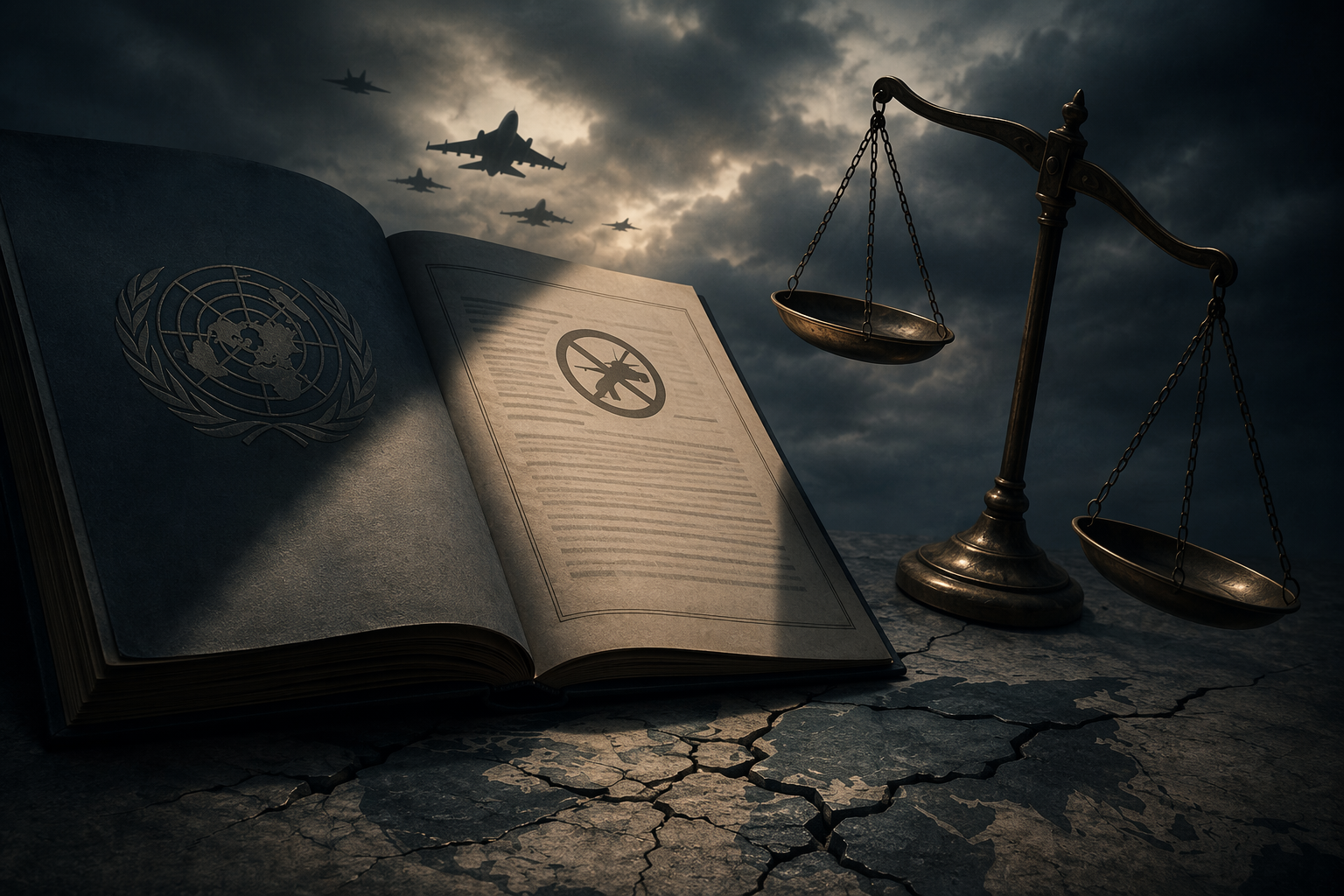 An open United Nations Charter document with Article 2(4) visible, scales of justice, and distant military jet silhouettes