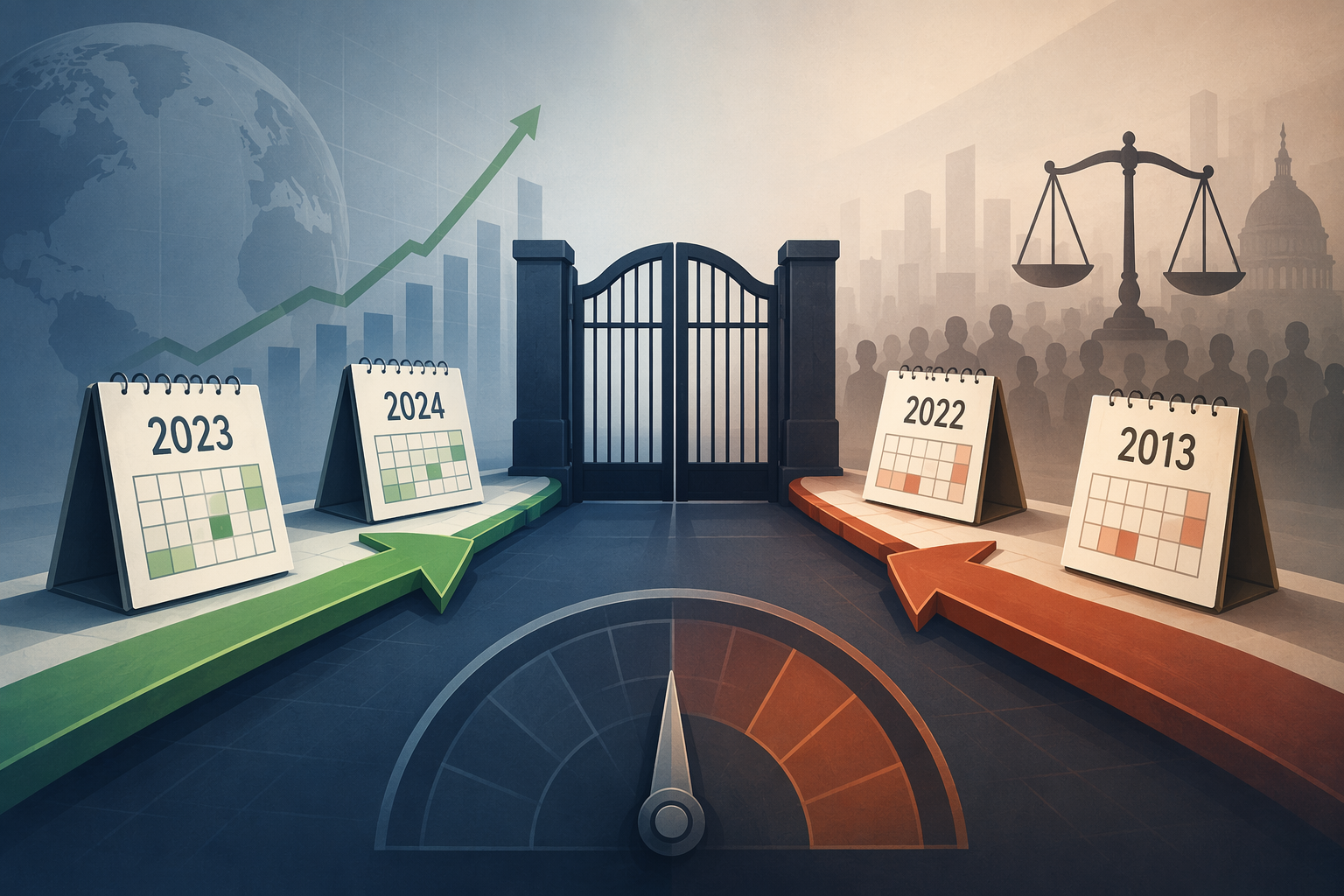 Geometric illustration of visa retrogression with dates moving backward toward a closed gate