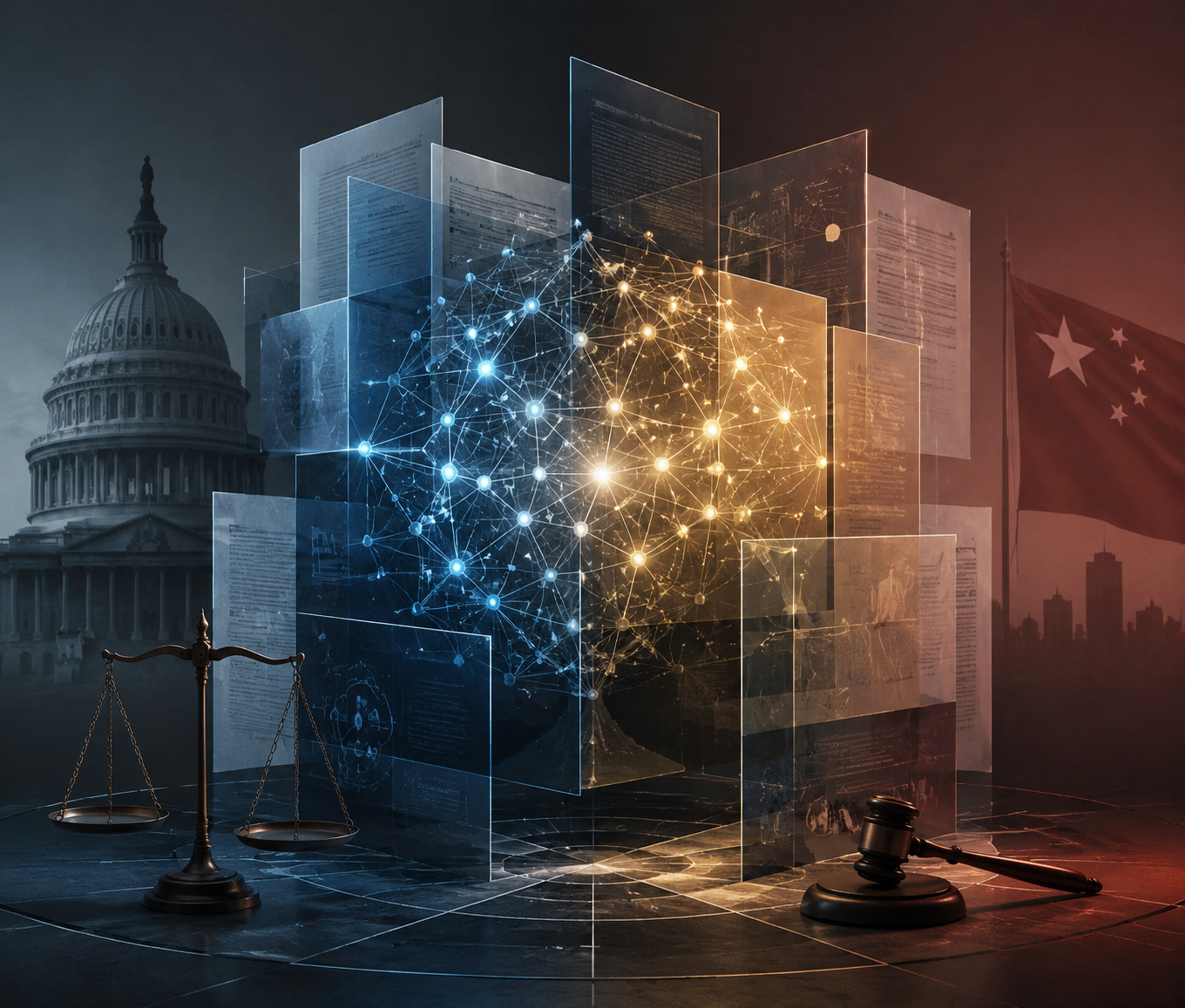 Dark editorial illustration of a glowing neural network inside overlapping legal and regulatory panels with U.S. and Chinese silhouettes in the background