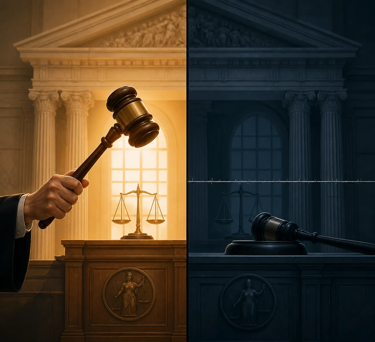 Split courthouse illustration showing divided court outcomes on force-feeding