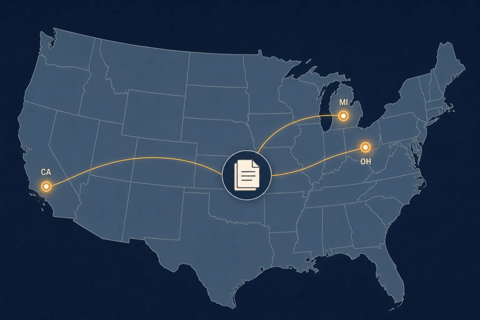 Map of the United States with markers on Ohio, California, and Michigan representing federal Taylor Farms cyclospora litigation venues
