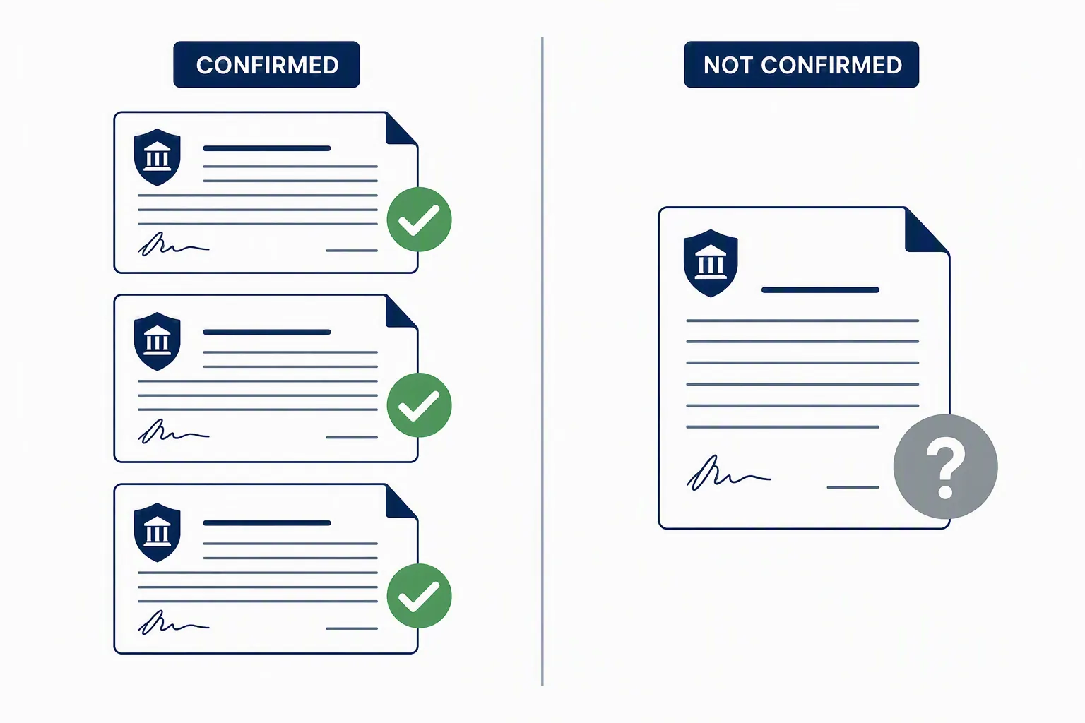 Two-panel status comparison showing confirmed documents and an unconfirmed investigation status