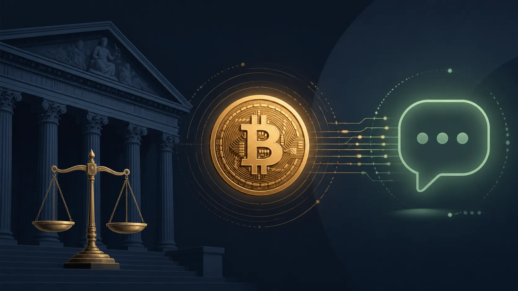Federal courthouse, Bitcoin icon, and AI chat bubble connected by data lines