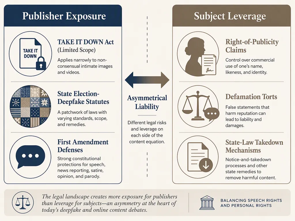 Two-column infographic comparing publisher exposure and subject leverage for AI-generated political images
