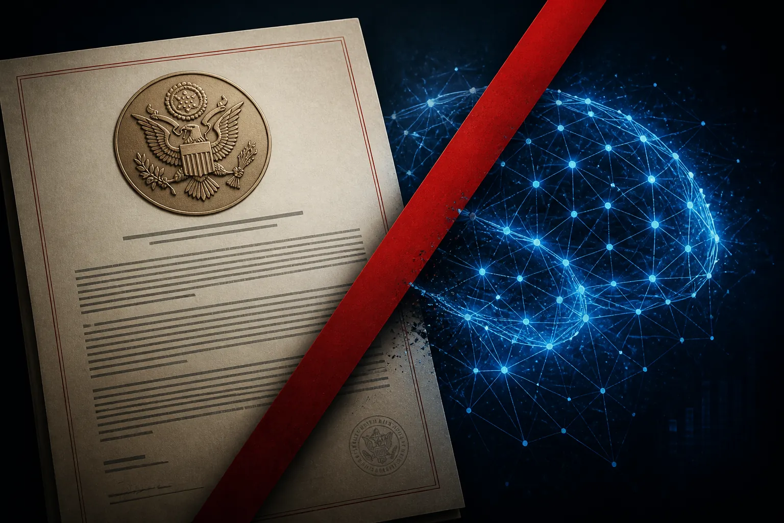 Government document overlapping a glowing AI neural network with a red slash across the connection