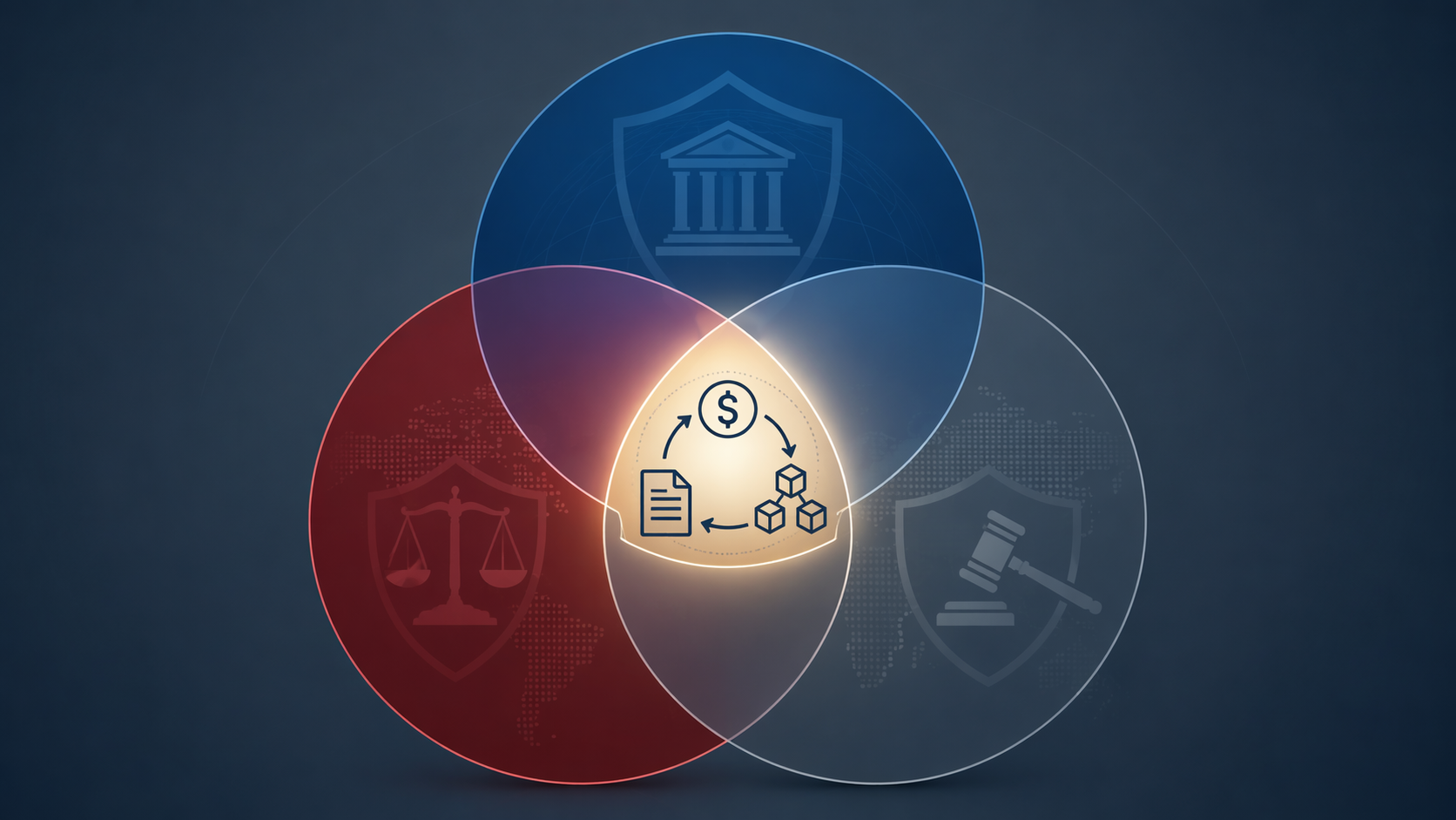 Overlapping legal framework panels converging on payment, contract, and supply chain flows