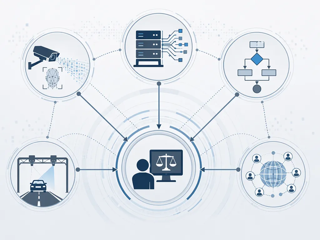 Abstract node diagram of facial recognition, license plate readers, risk prediction, social media scraping, and enforcement decision systems