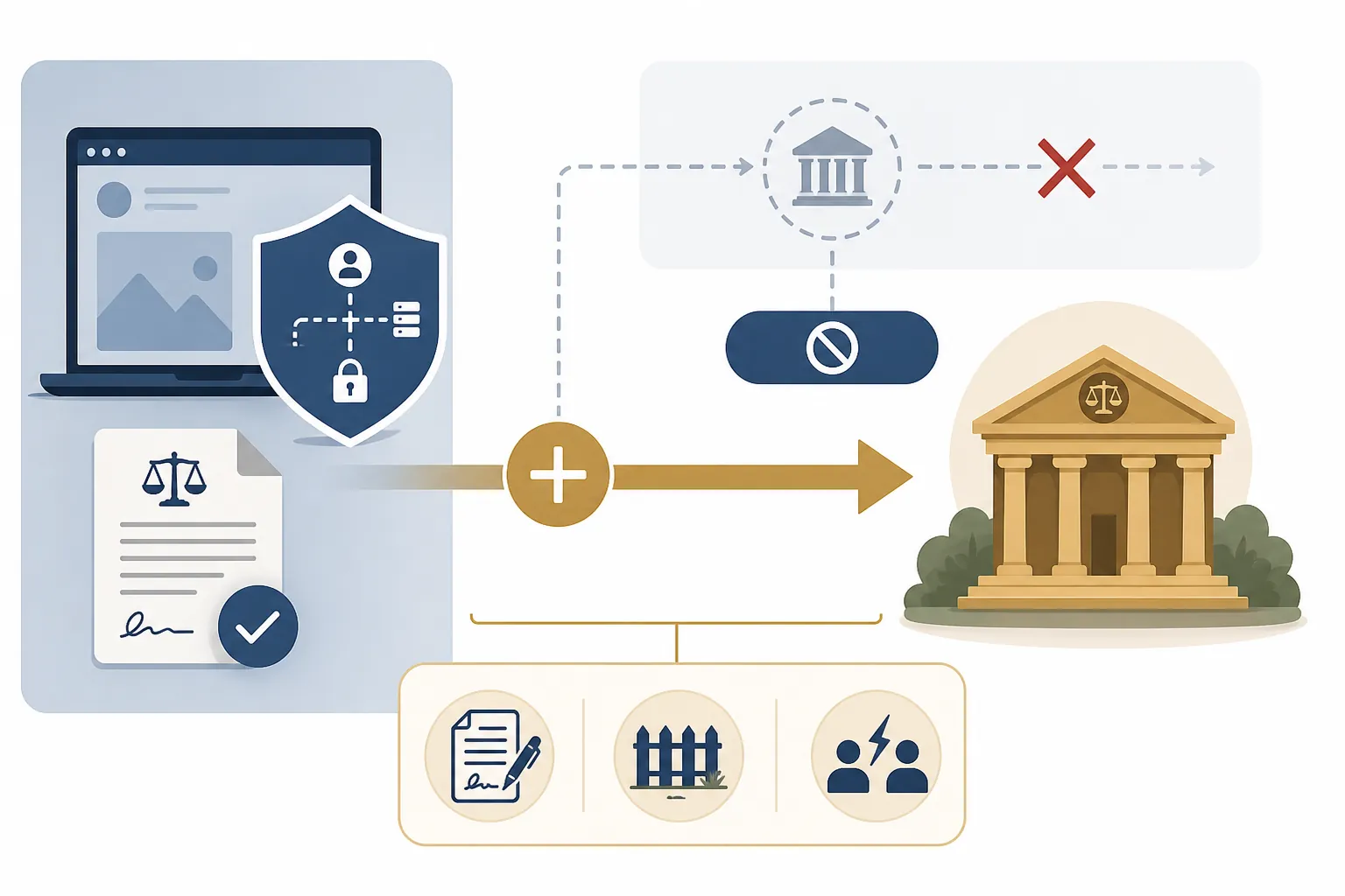 Legal pathway diagram showing terms of service and access restrictions leading to state court through an extra-element theory
