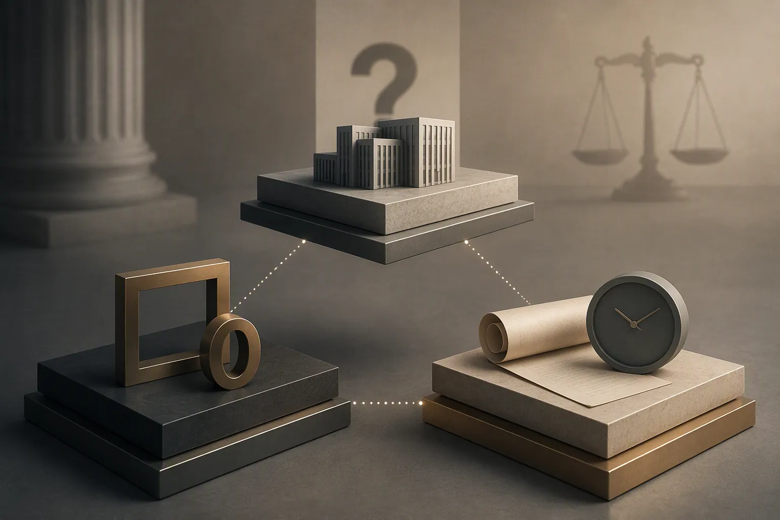Three compliance platforms showing a building question mark, empty checkbox, and timed legal document