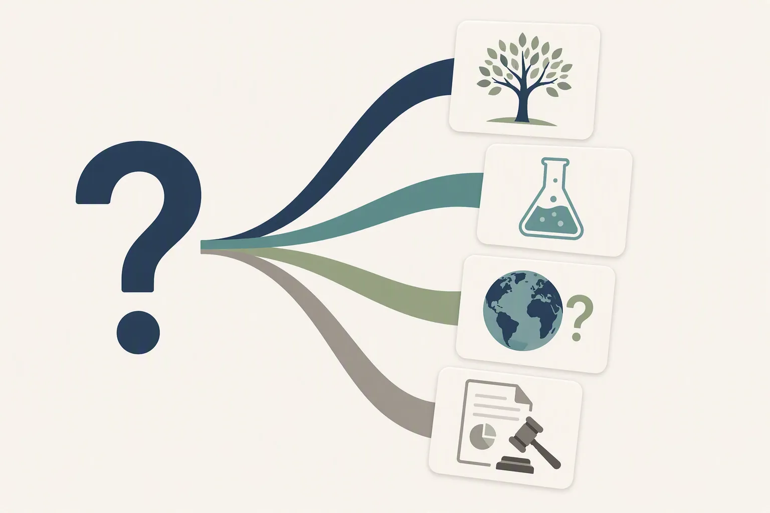 Question mark branching to cards showing a tree, laboratory flask, globe, and government document