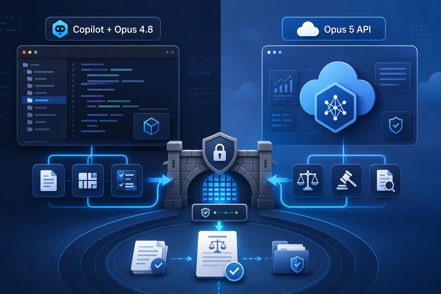 Split architecture diagram showing Copilot with Opus 4.8 and Opus 5 via API converging into a shared verification gate