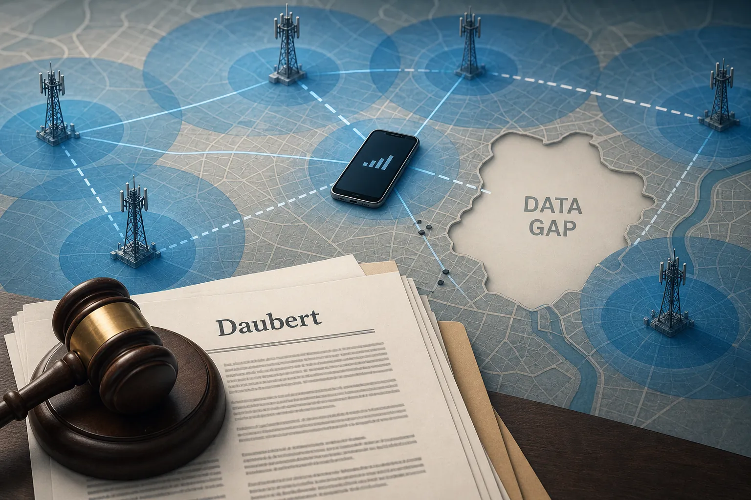 Map with overlapping cell-tower coverage zones, broken tower connection lines, a data gap, and Daubert documents under a gavel
