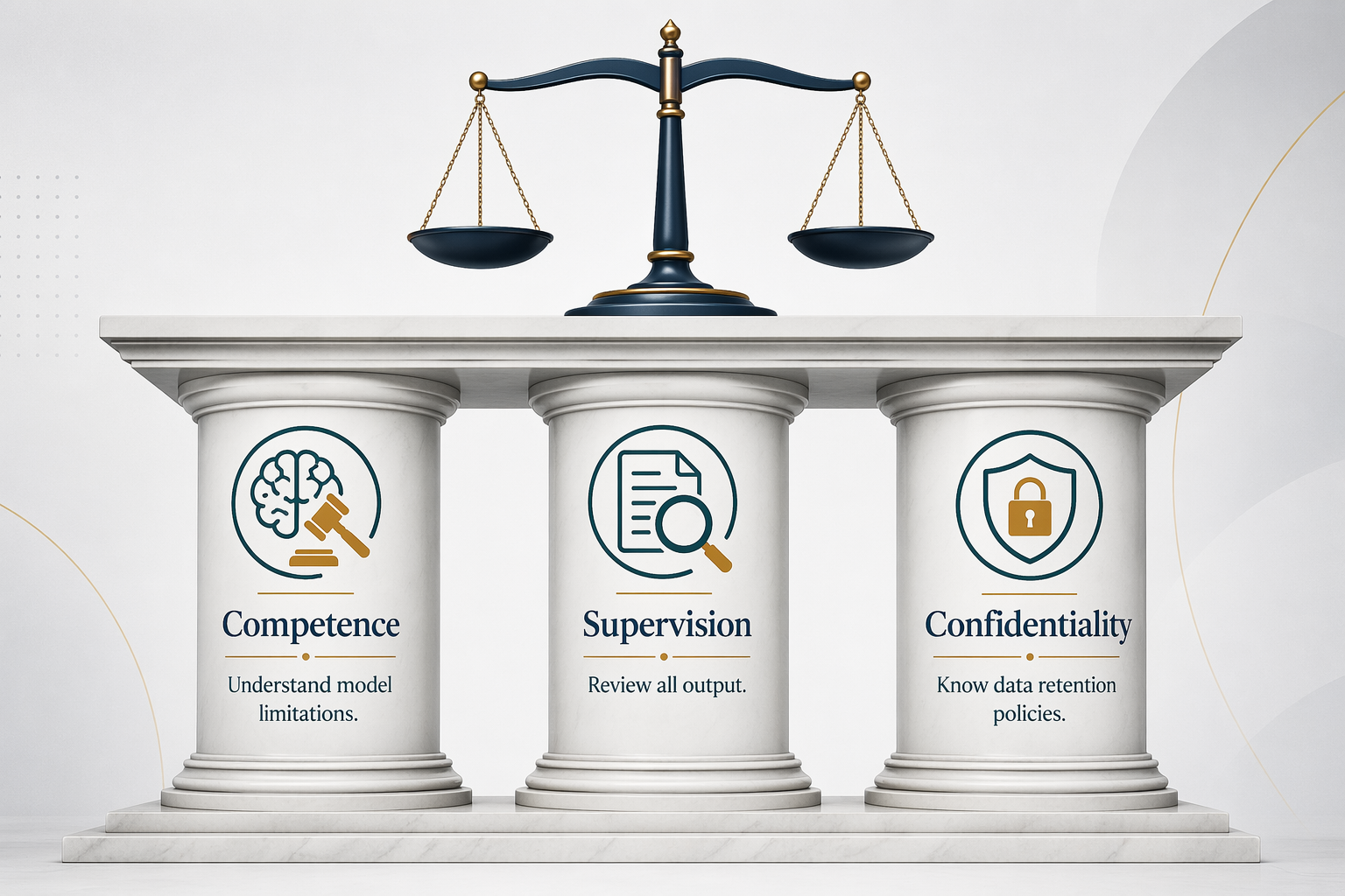 Three pillar columns illustration representing ABA Formal Opinion 512's duties: a brain-gavel icon labeled 'Competence' with subtext 'Understand model limitations,' a magnifying glass icon labeled 'Supervision' with subtext 'Review all output,' and a shield-lock icon labeled 'Confidentiality' with subtext 'Know data retention policies,' all supporting a balanced justice scale at the base.