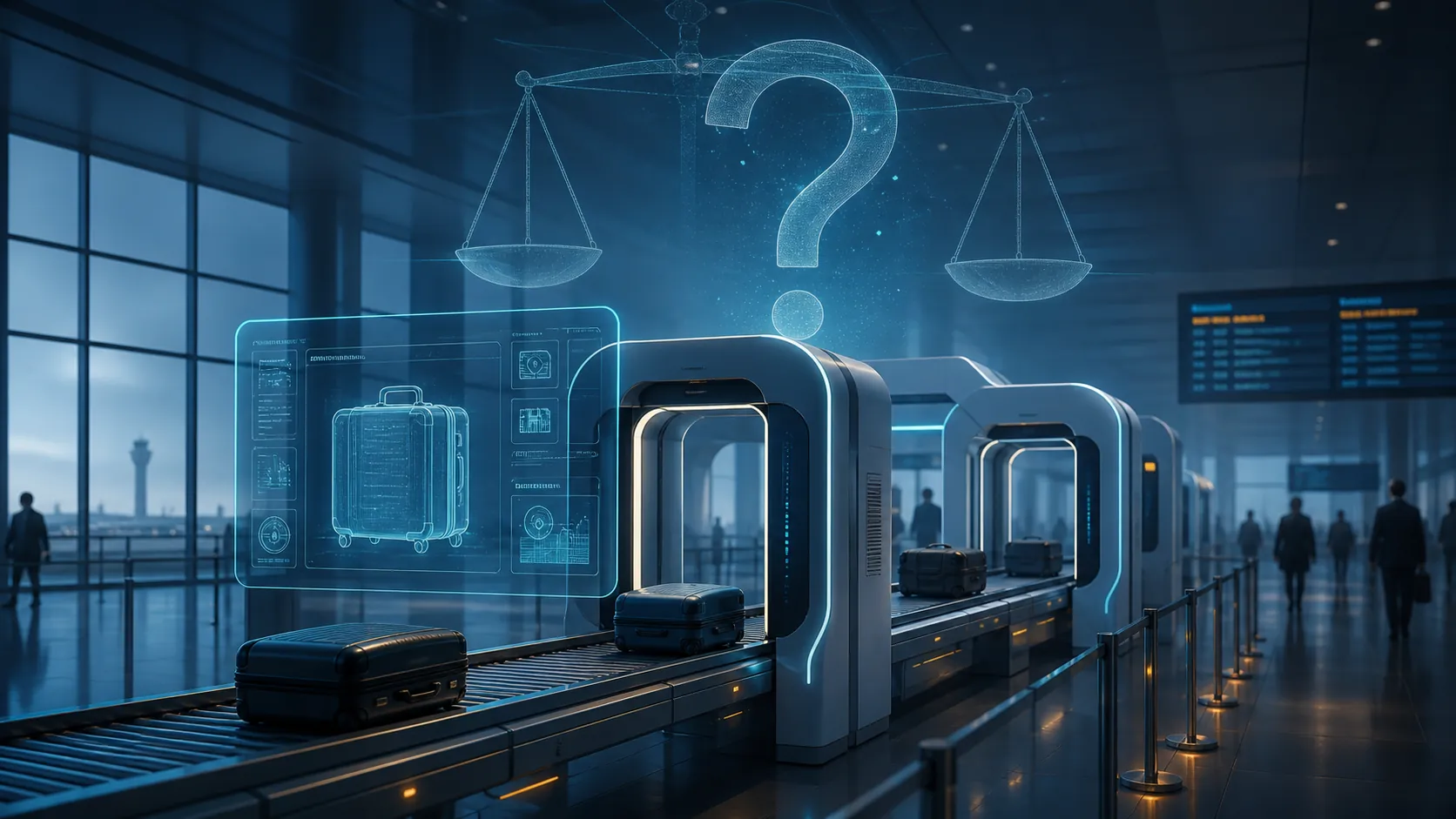 Automated airport screening lane with scanning arches, conveyor belts, and a question mark above the technology
