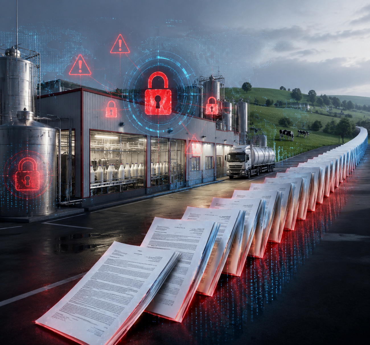 Dairy production facility with ransomware warnings and legal documents moving downstream through the supply chain