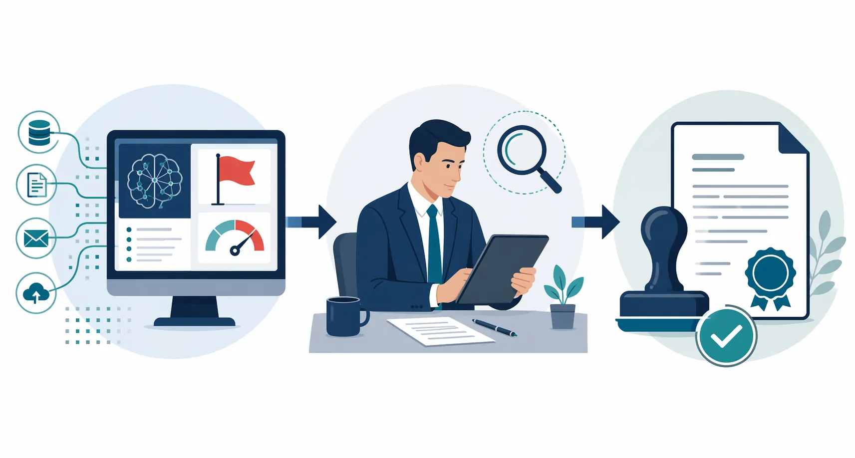 Three-stage flow from AI risk analysis to human claim review to certification stamp and final decision document