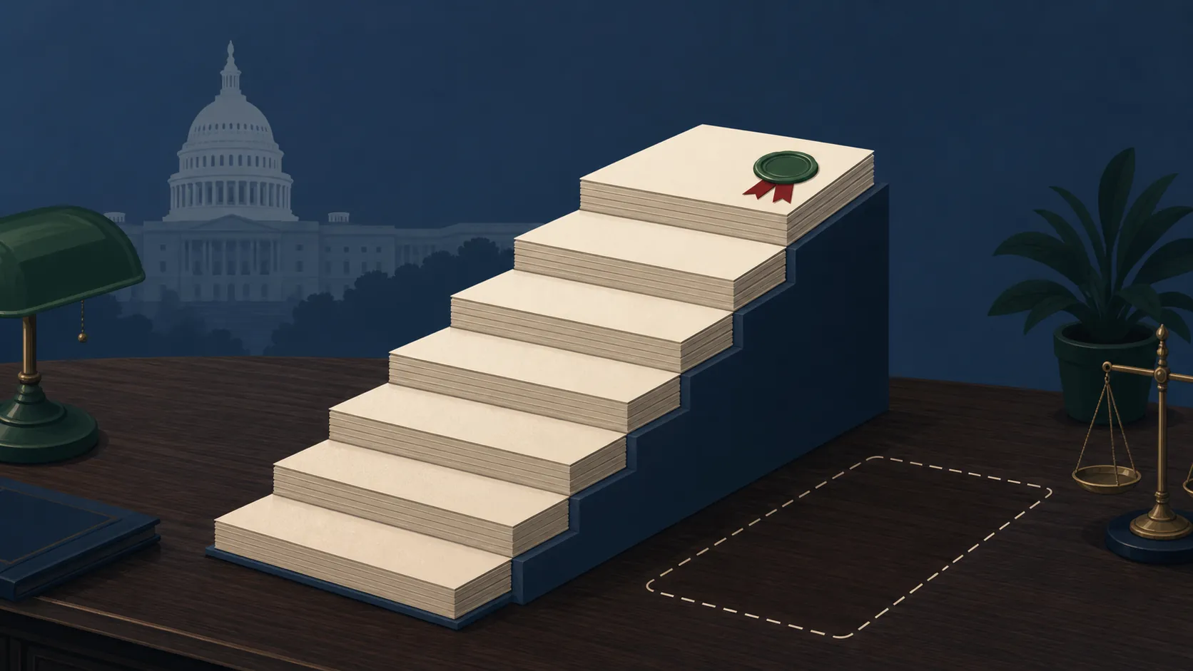 Federal legislative docket with one enacted law marked by a green seal and other documents left pending