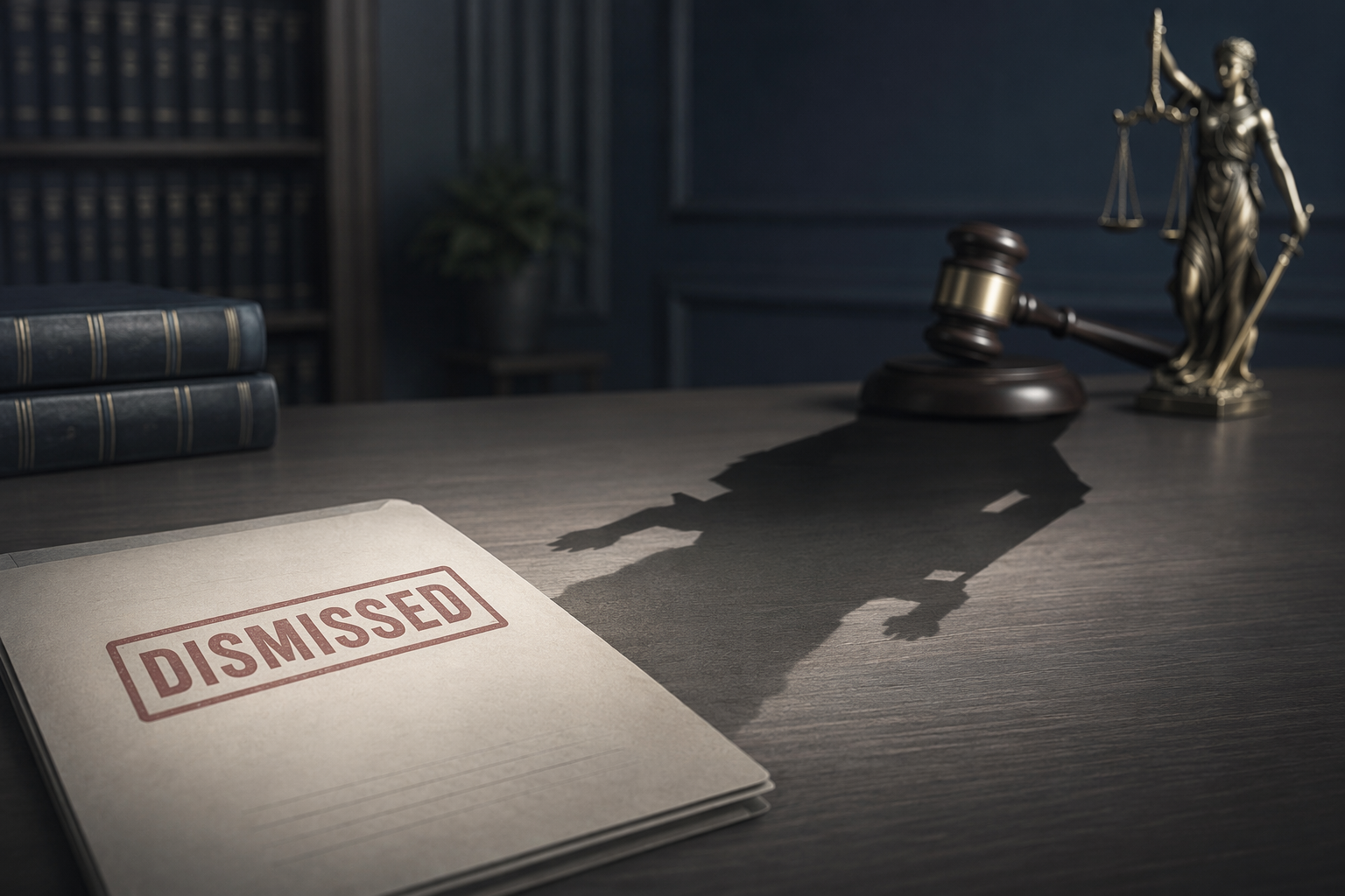 Dismissed legal document casting a shadow toward a courtroom gavel and Lady Justice statue