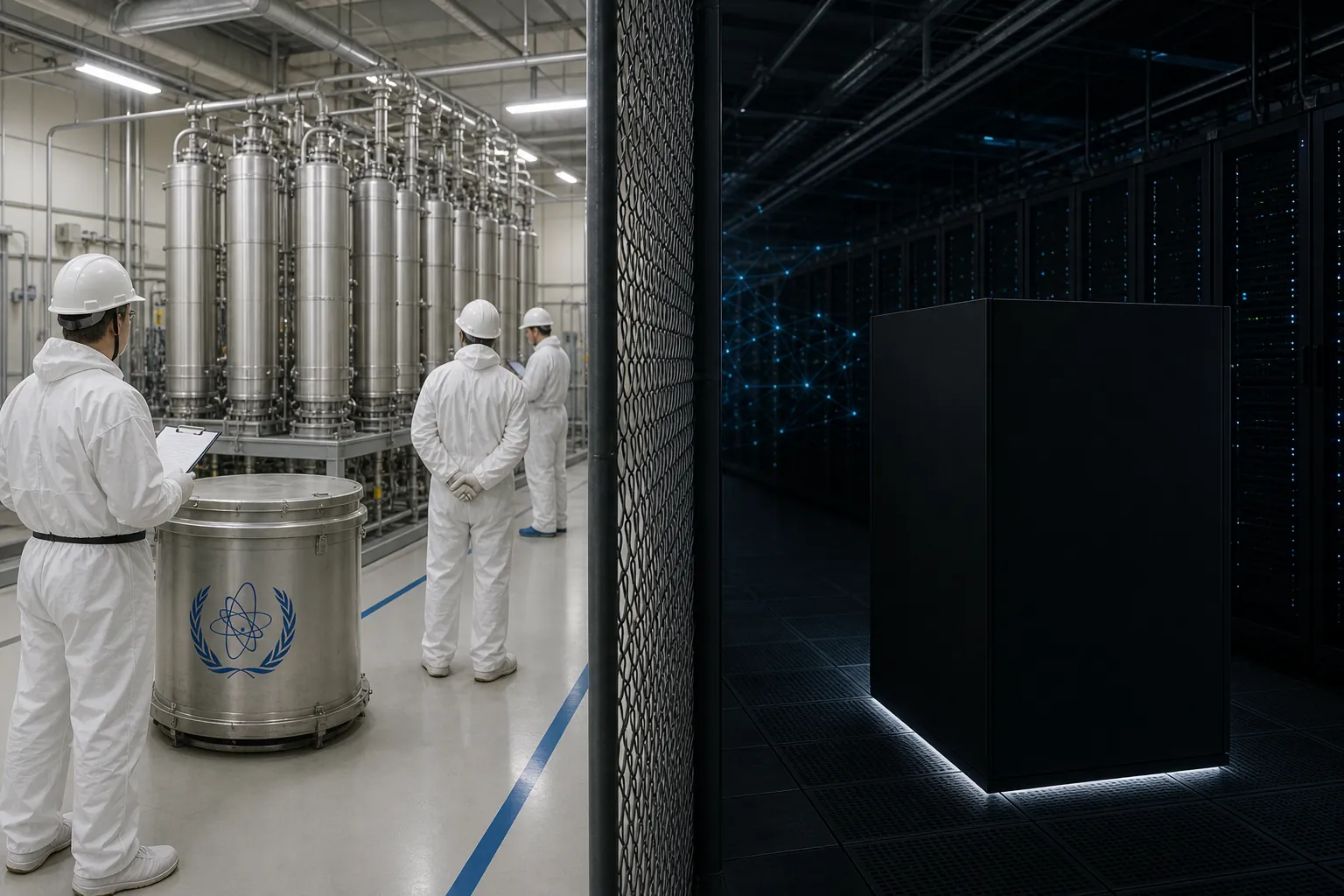 Comparison of physical nuclear inspection and opaque AI model oversight in a server room