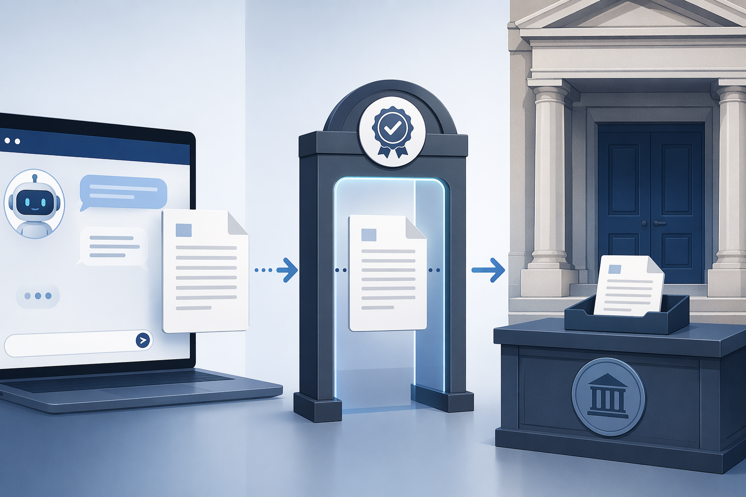 A document moving from a legal information chatbot through an AI certification checkpoint to a courthouse