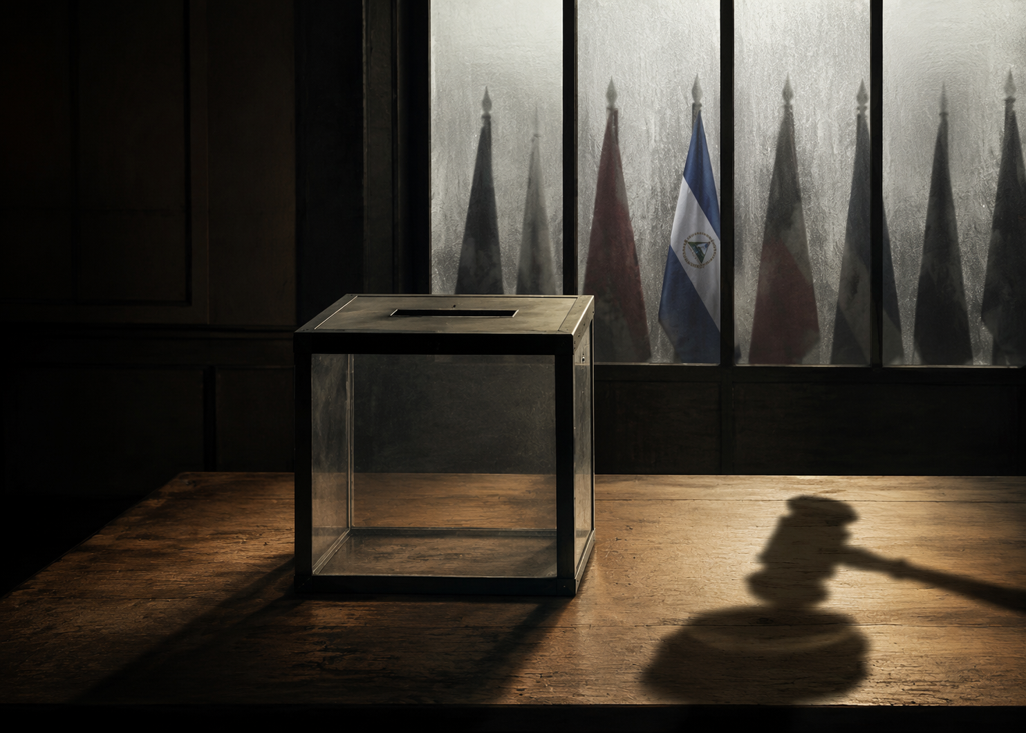 An empty ballot box in a dim institutional room under the shadow of a gavel
