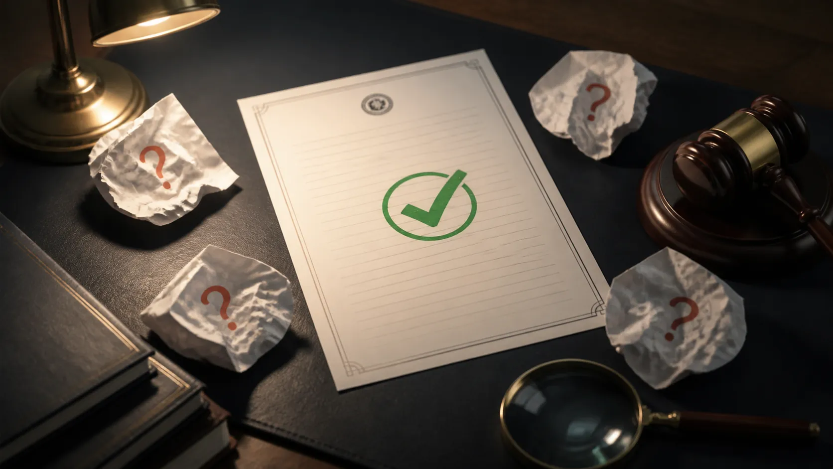 Editorial desk with a checked court record sheet, questioned paper slips, gavel and magnifying glass