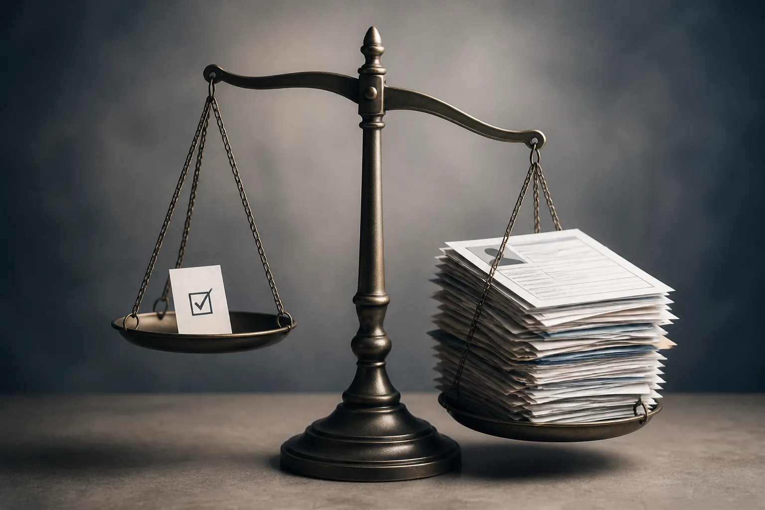 A balance scale with a small ballot on one side and a heavy stack of government identification forms on the other