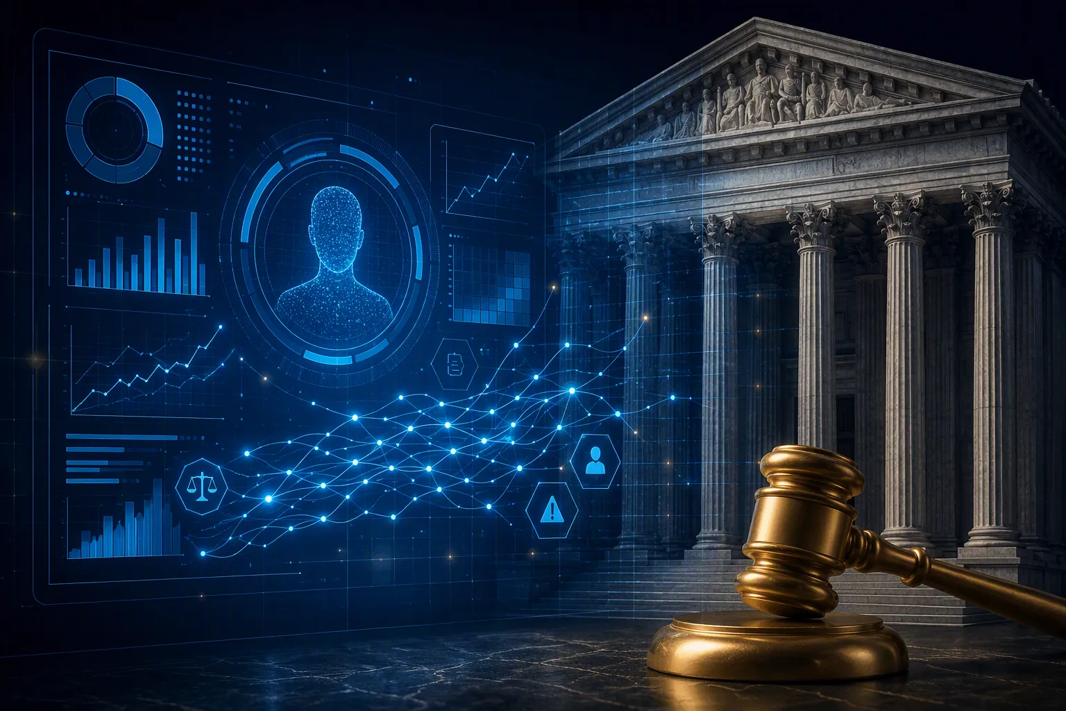 Digital litigation risk dashboard beside courthouse columns and a gavel
