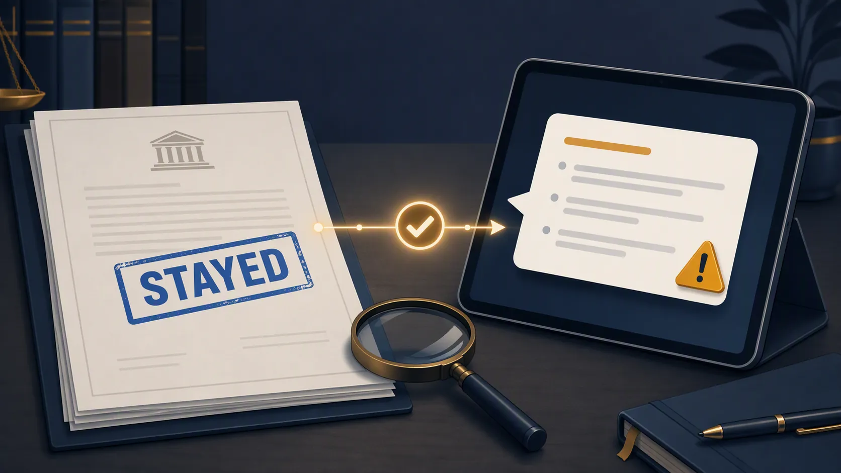 Court order stamped STAYED beside an AI summary panel with a warning badge