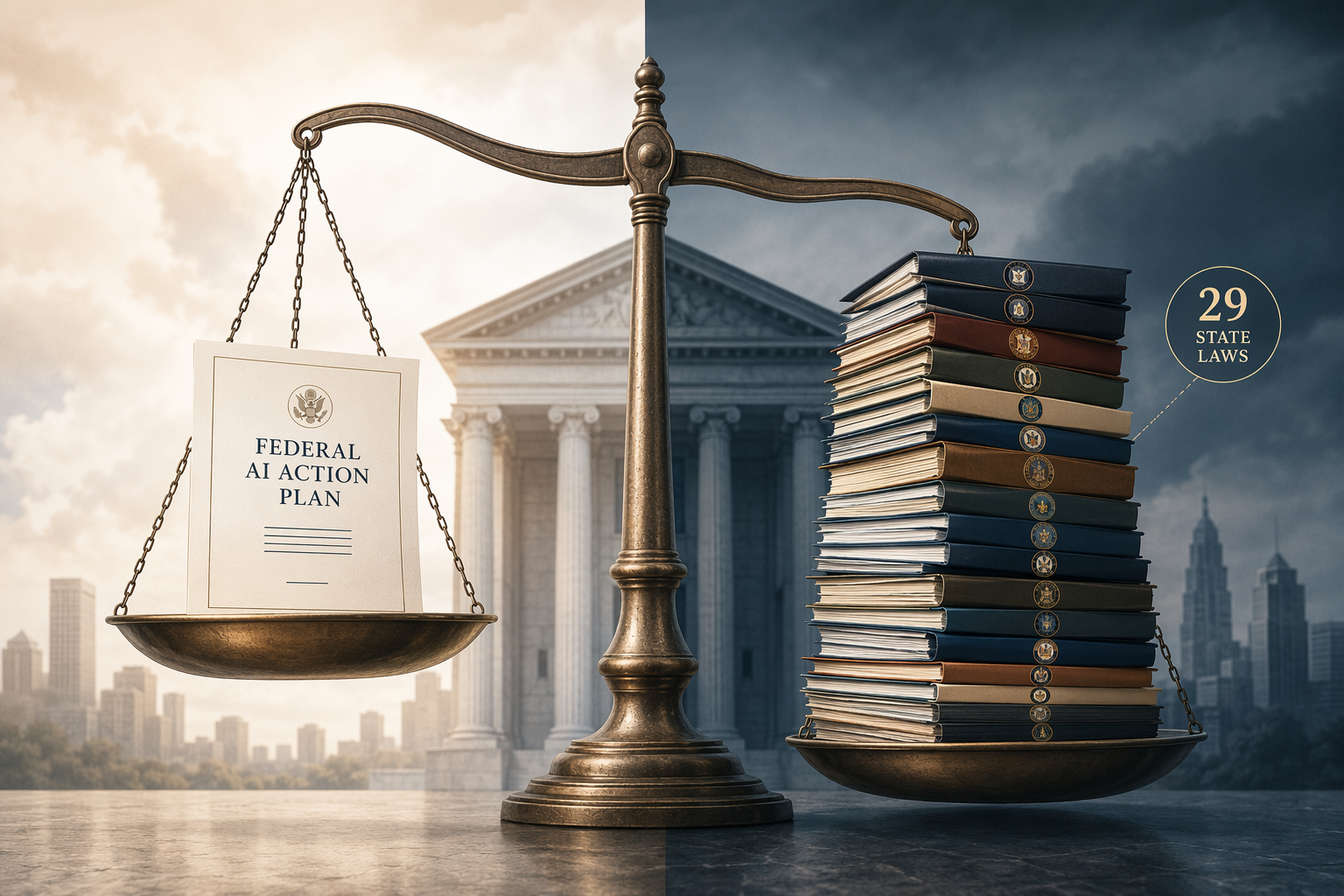Courtroom scale weighing a federal AI document against a stack of state AI laws