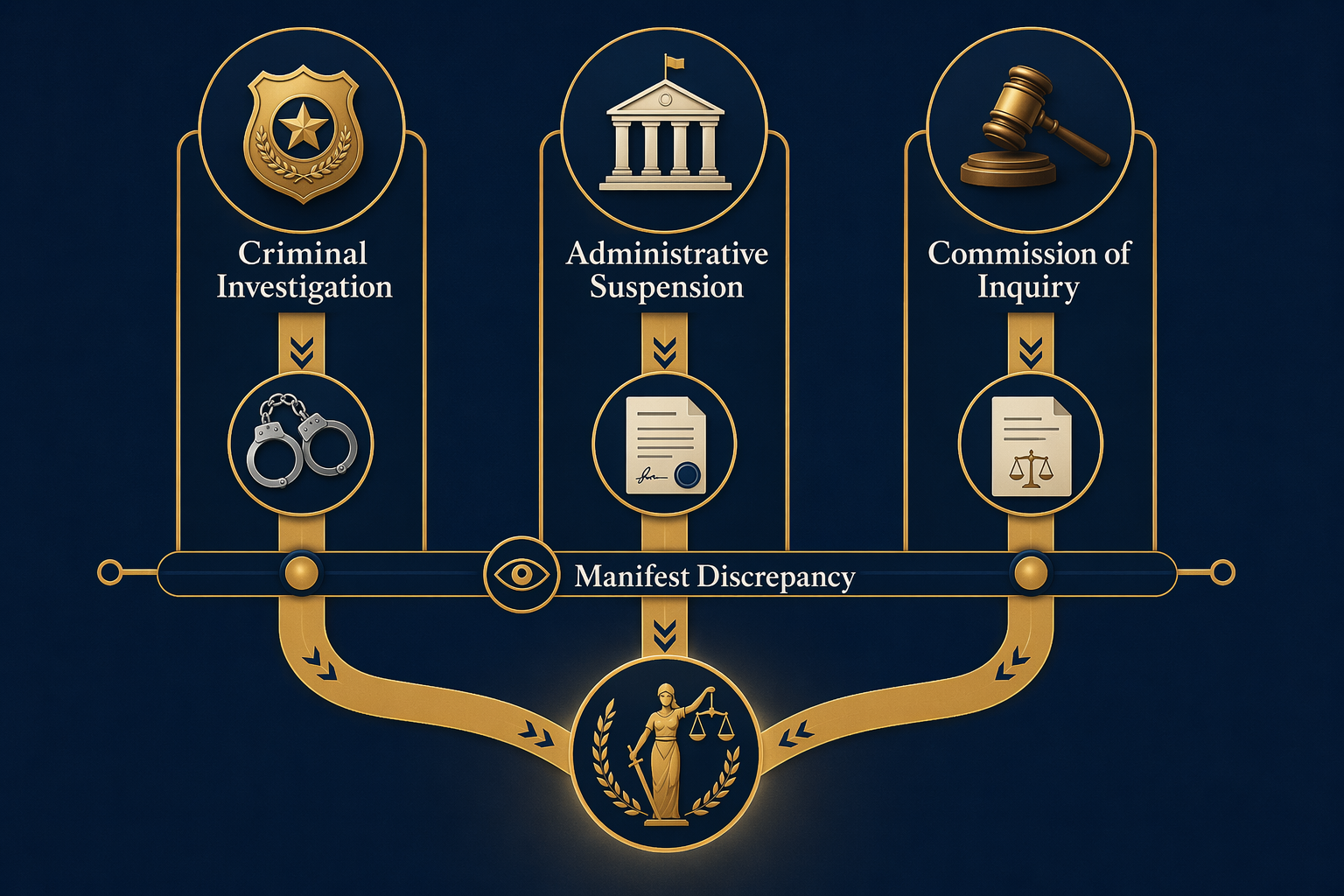 Infographic showing criminal investigation, administrative suspension, commission of inquiry, and the manifest discrepancy crossing all three tracks.