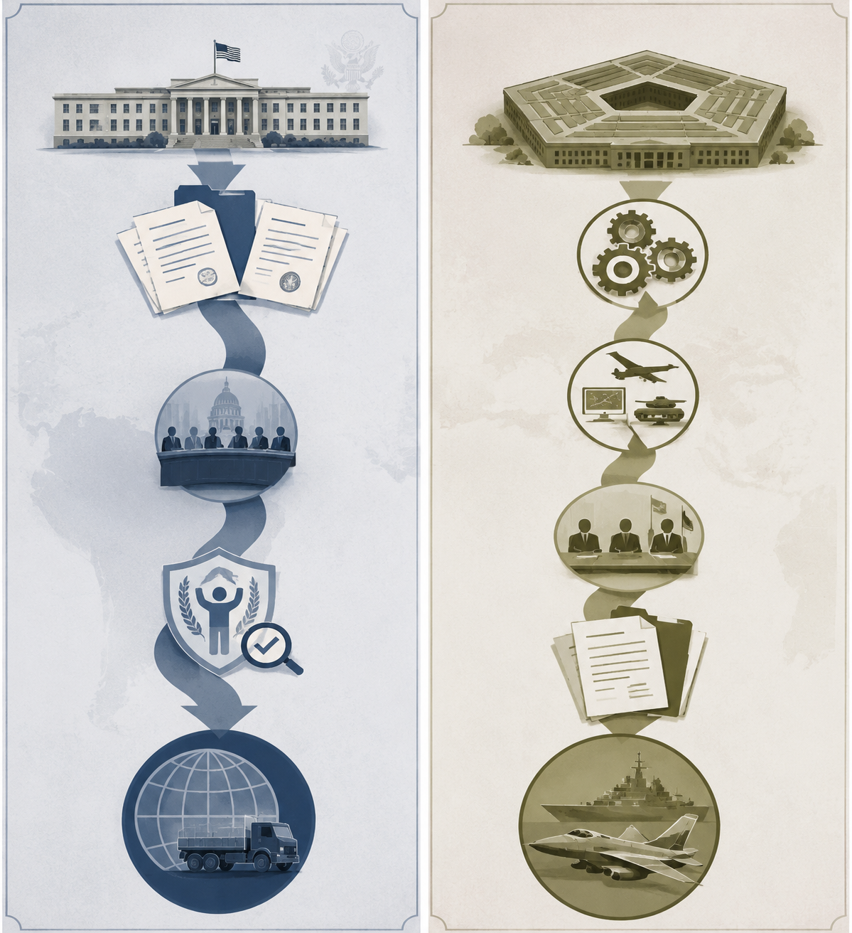 Two aid-delivery channels comparing foreign assistance oversight with defense procurement and co-production structures