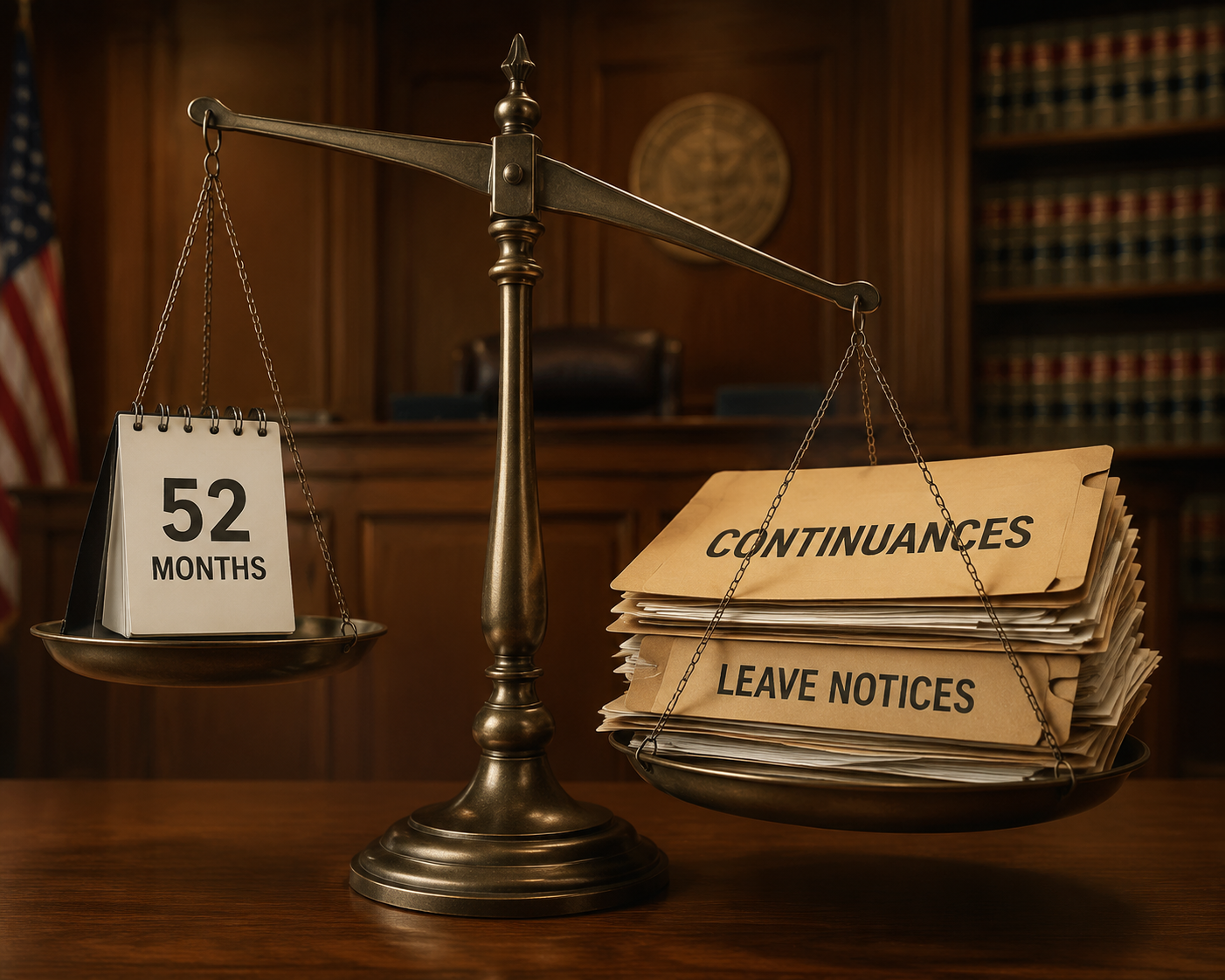 legal scales tipping toward continuances and leave notices against a 52-month calendar