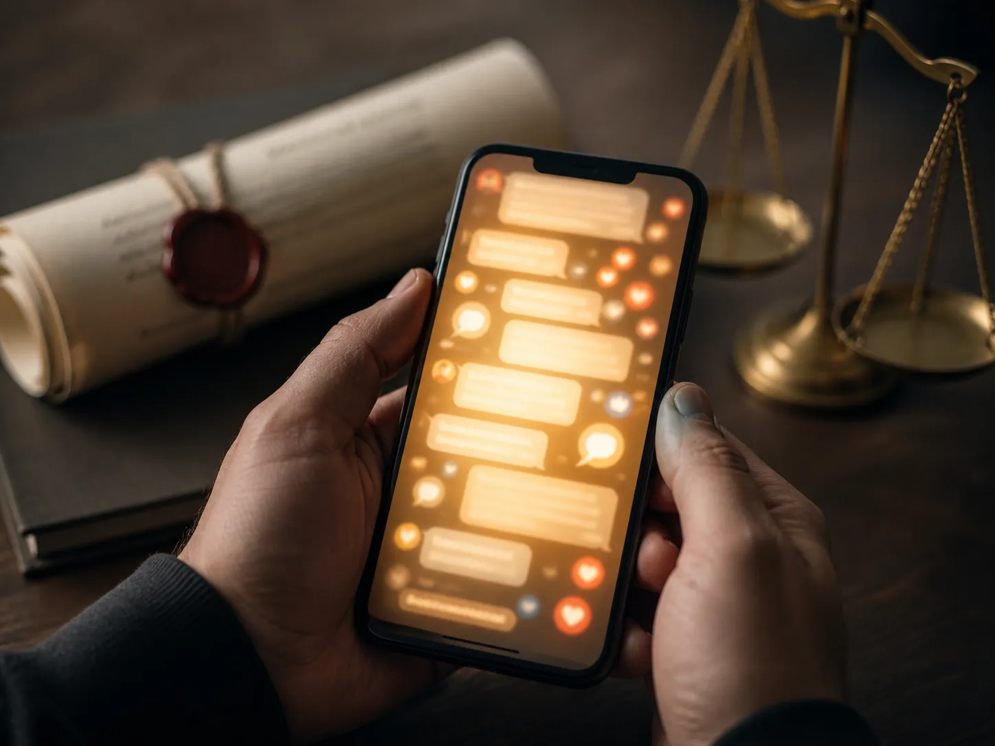 Smartphone filled with comment bubbles beside a contract and balanced scales