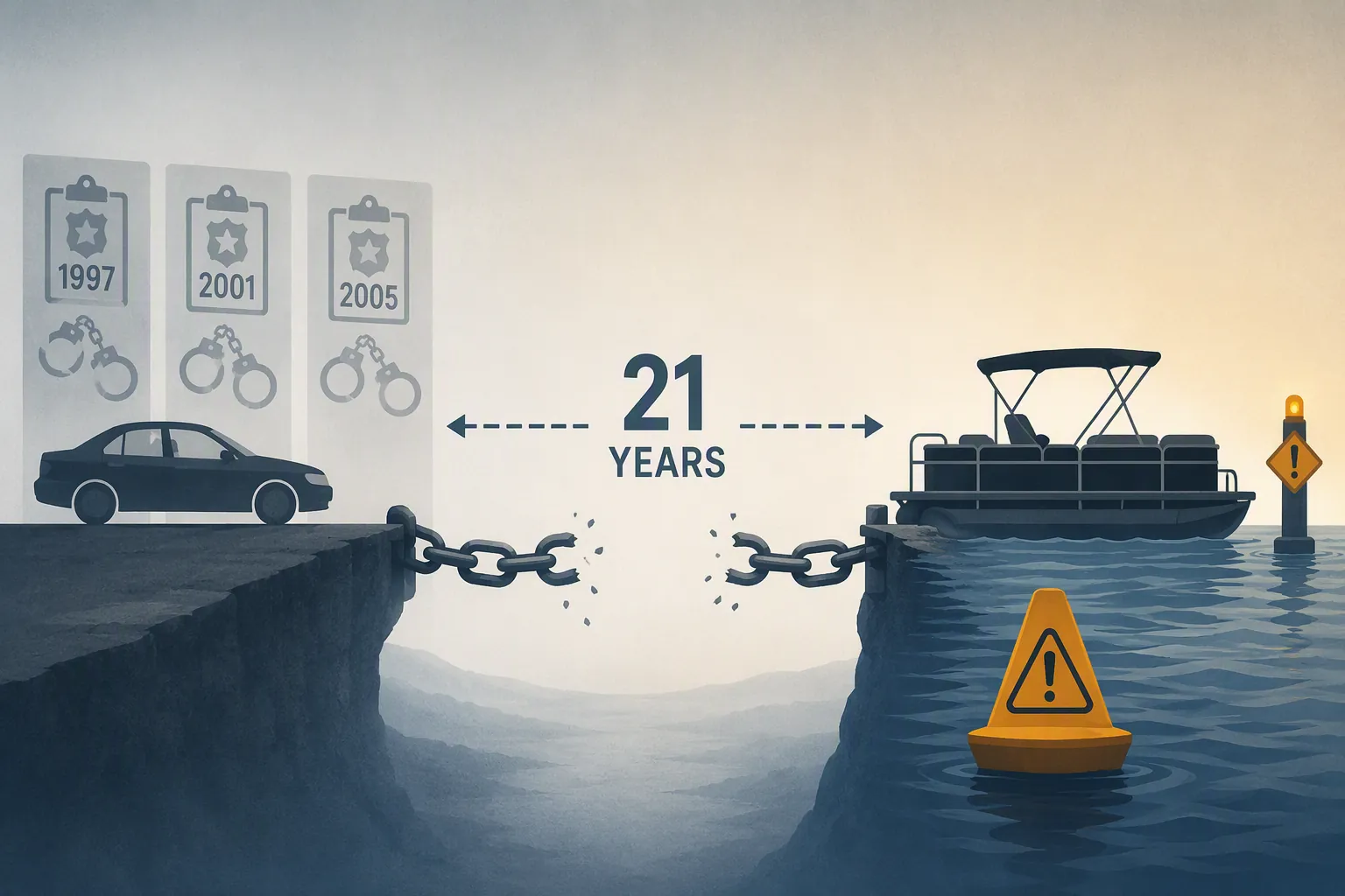 Conceptual timeline showing old DUI markers separated from a later pontoon boat by a broken chain