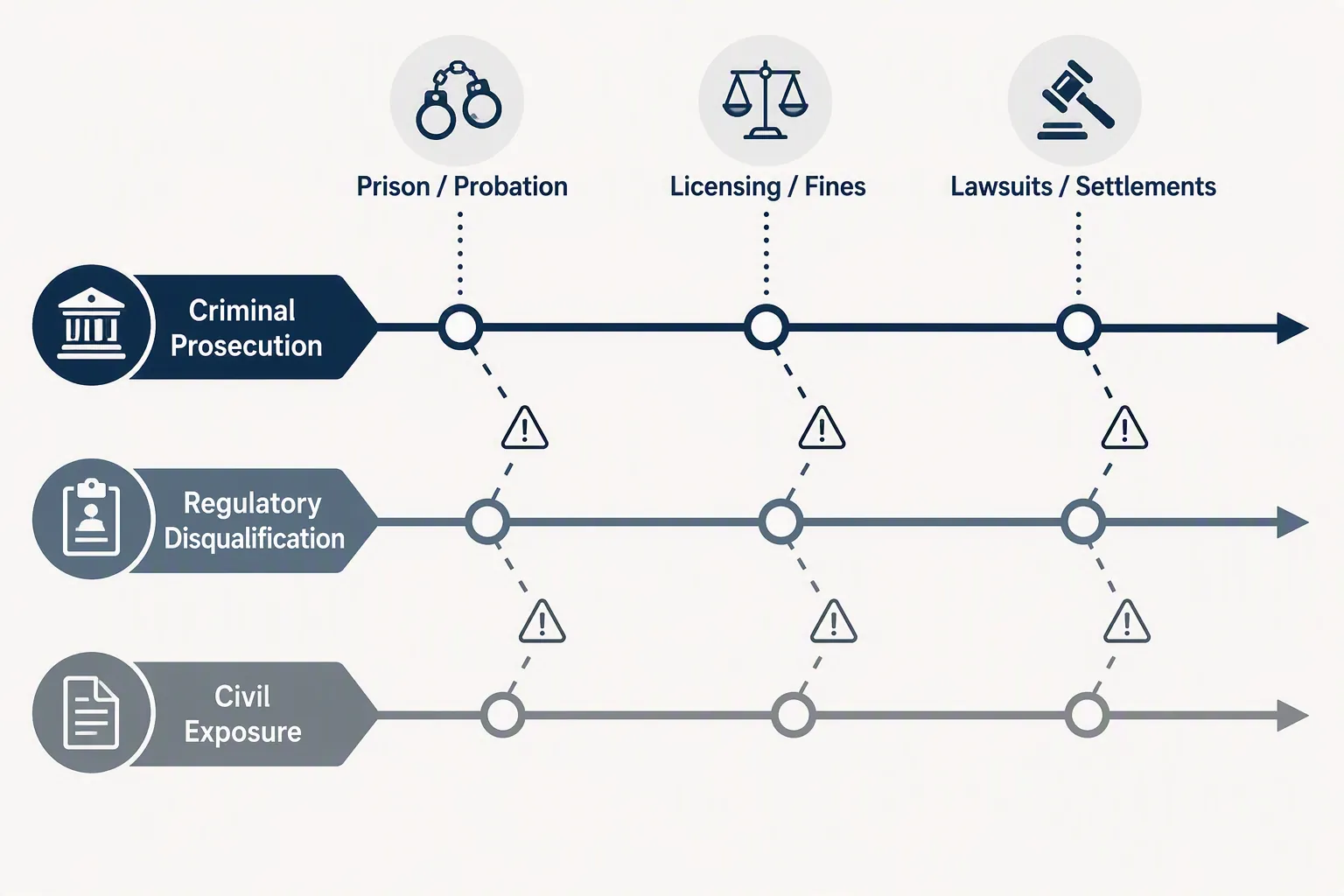 Diagram of criminal prosecution, regulatory disqualification, and civil exposure tracks with enforcement gaps