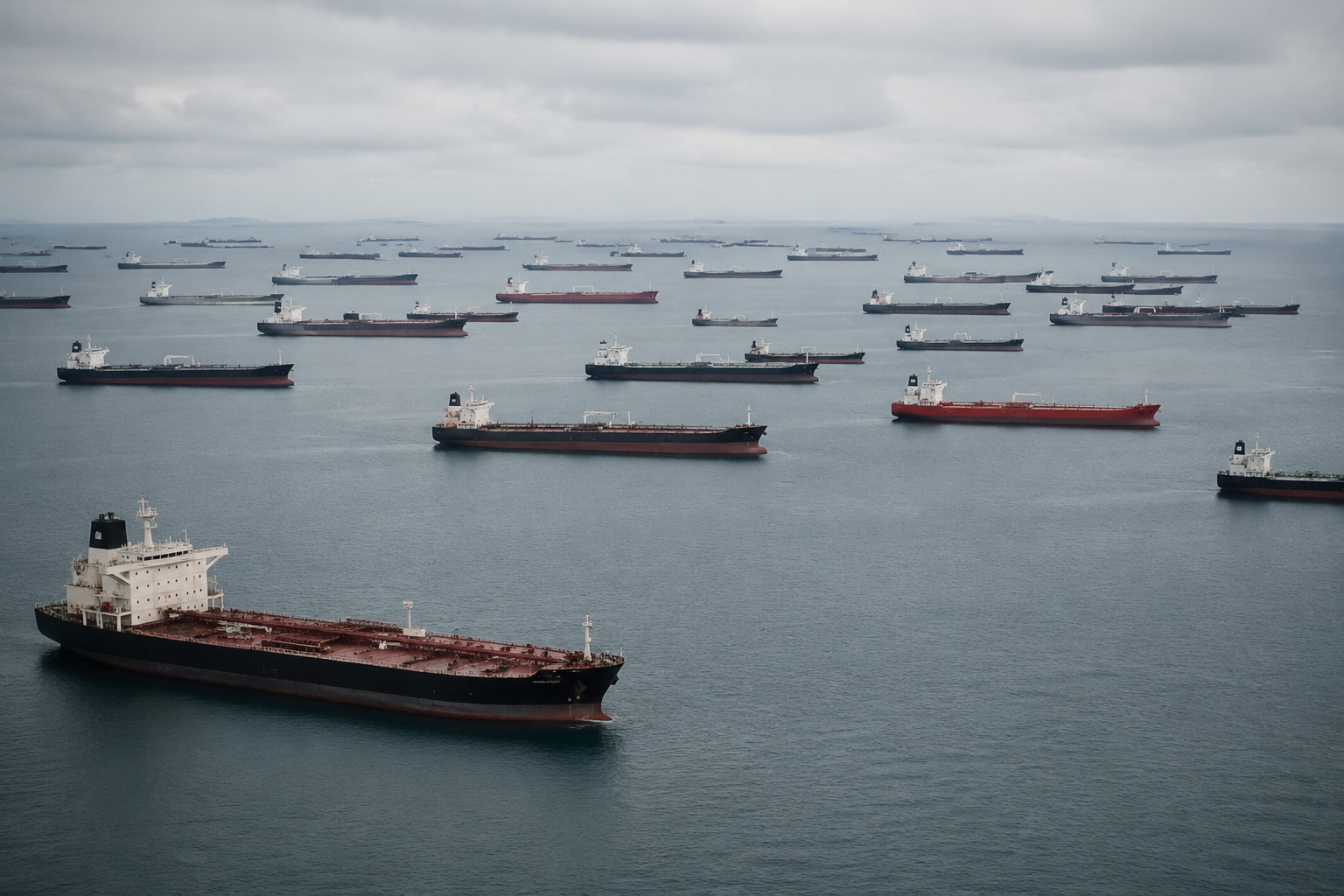 Rows of cargo ships and oil tankers anchored motionless under an overcast sky