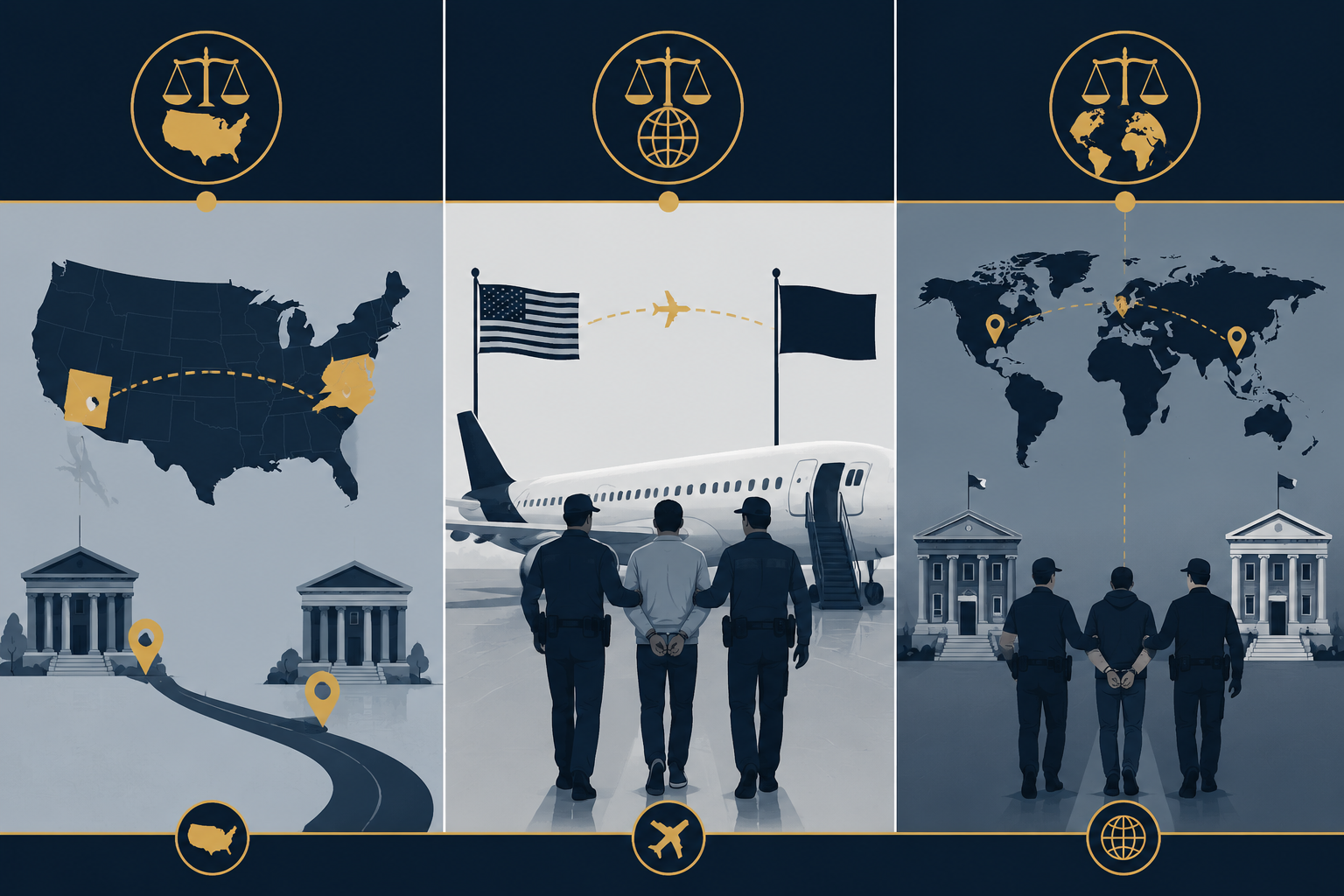 Comparison visual showing domestic rendition, deportation, and formal extradition paths