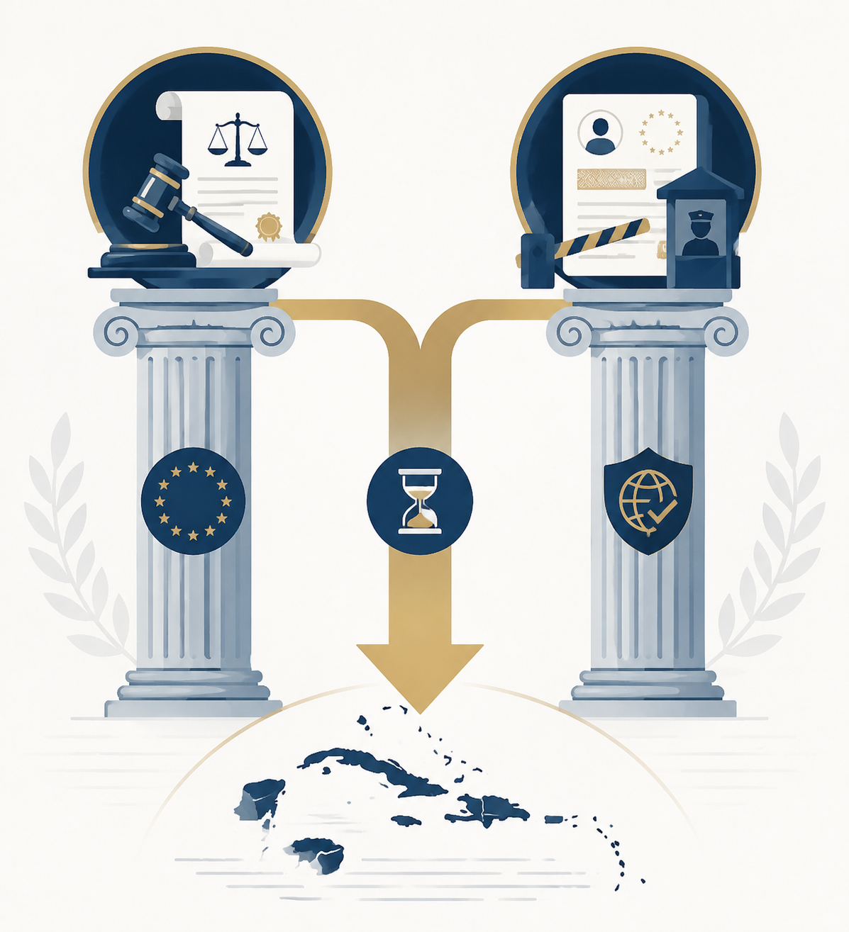 Diagram of the ECJ Malta ruling and Visa Suspension Mechanism converging on Caribbean island silhouettes