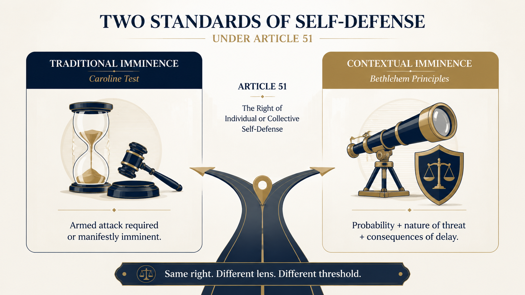 Comparison graphic showing traditional imminence against contextual imminence under self-defense doctrine