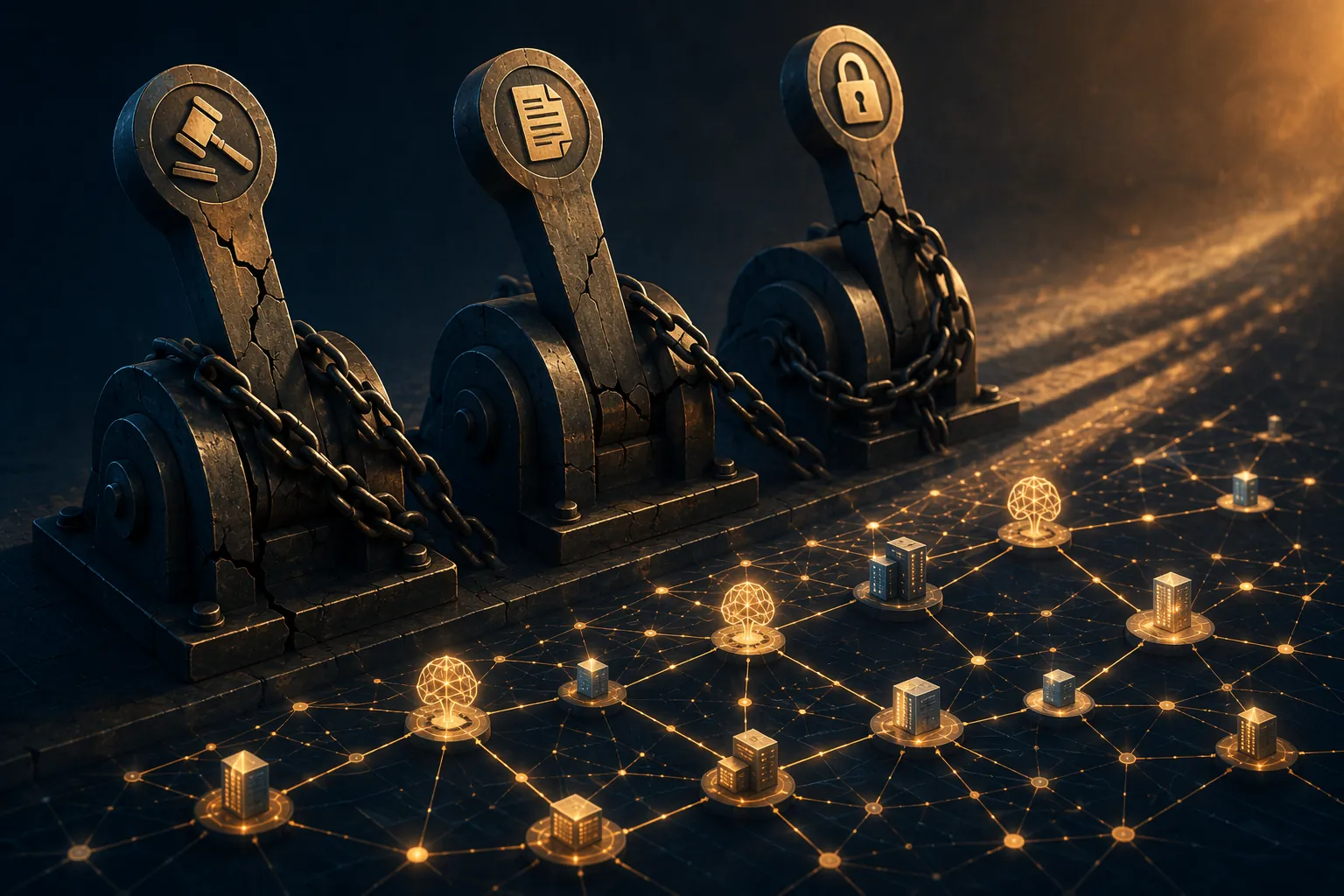 Mechanical legal levers casting shadows over a glowing network, with cracks and chains suggesting constrained enforcement tools