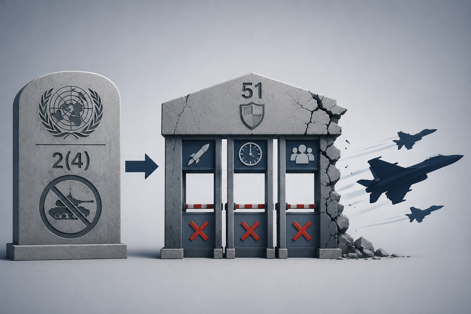 A visual framework showing the UN Charter prohibition on force, the Article 51 self-defense exception, and failed gates for armed attack, imminent threat, and Security Council authorization