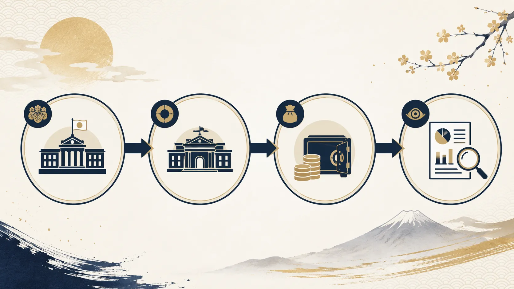 Connected nodes showing the chain from Ministry of Finance decision to Bank of Japan execution, special account funding, and post-intervention disclosure