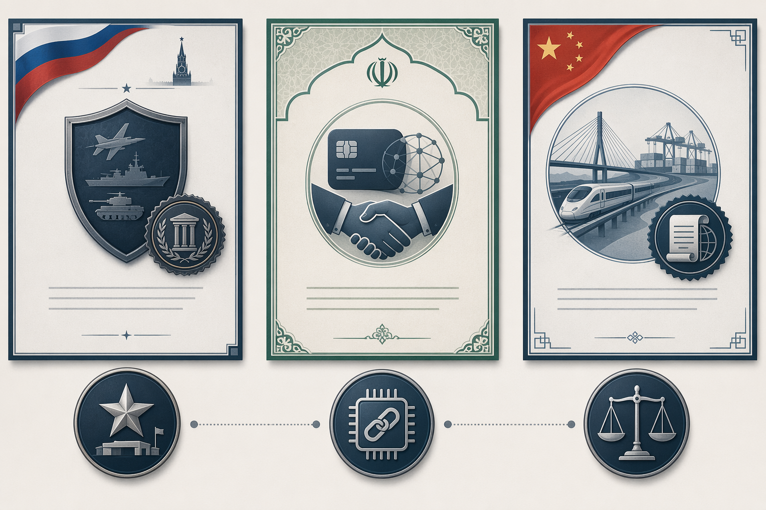 Side-by-side panels showing military cooperation, strategic partnership, and Belt and Road legal instruments