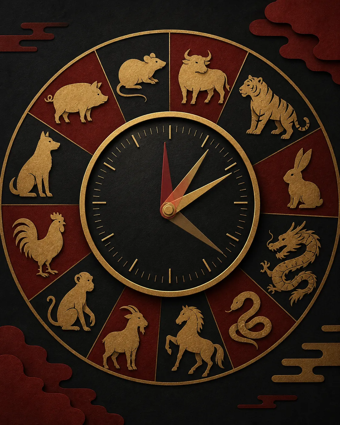 Circular Chinese zodiac wheel with a central gauge showing multiple offset compatibility readings