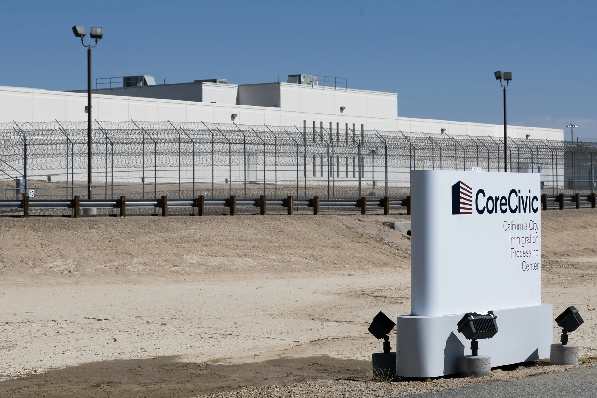 Exterior of the CoreCivic California City ICE detention facility in the California desert