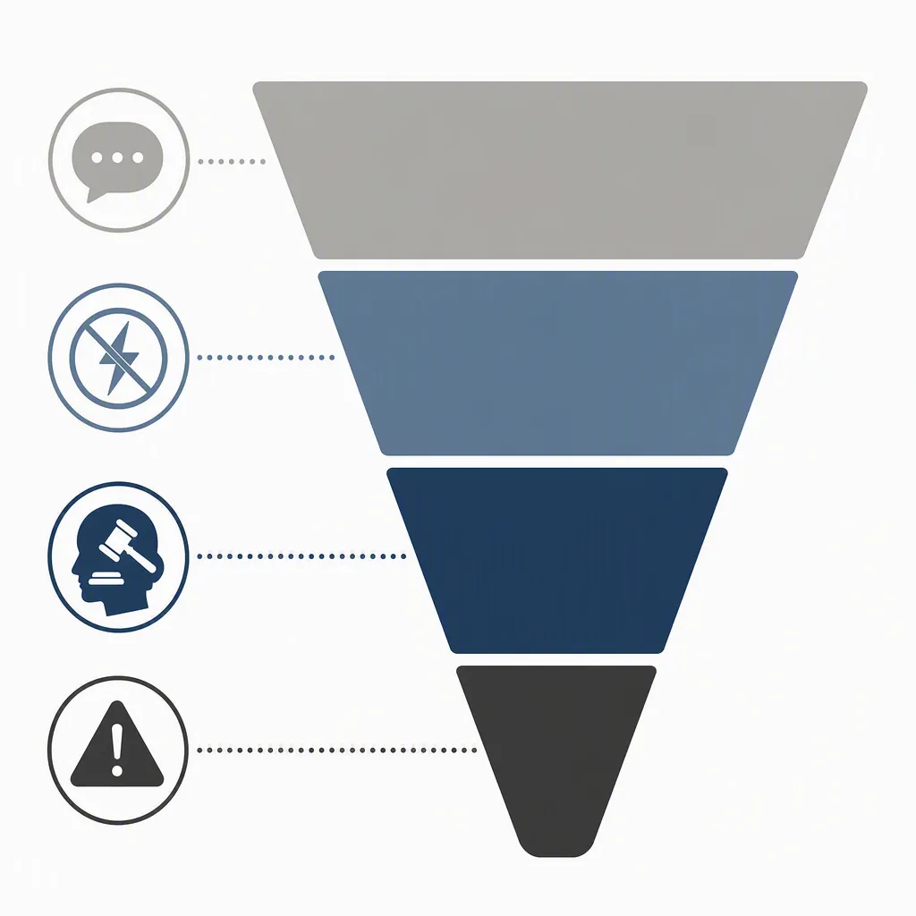 Four-level legal analysis ladder showing speech, violence, mens rea, and recklessness layers